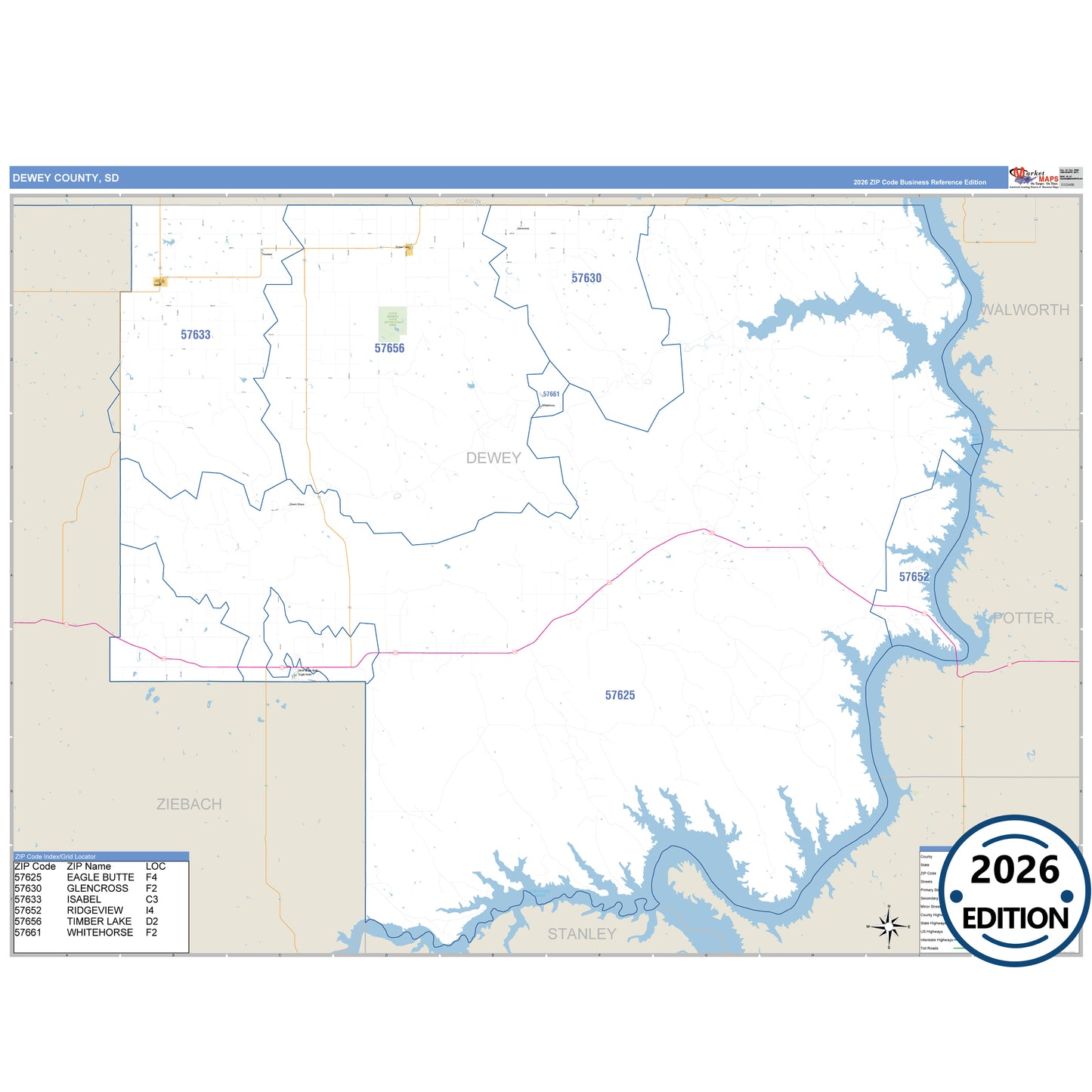 Dewey County, SD Business Reference 5 Digit ZIP Code Wall Map