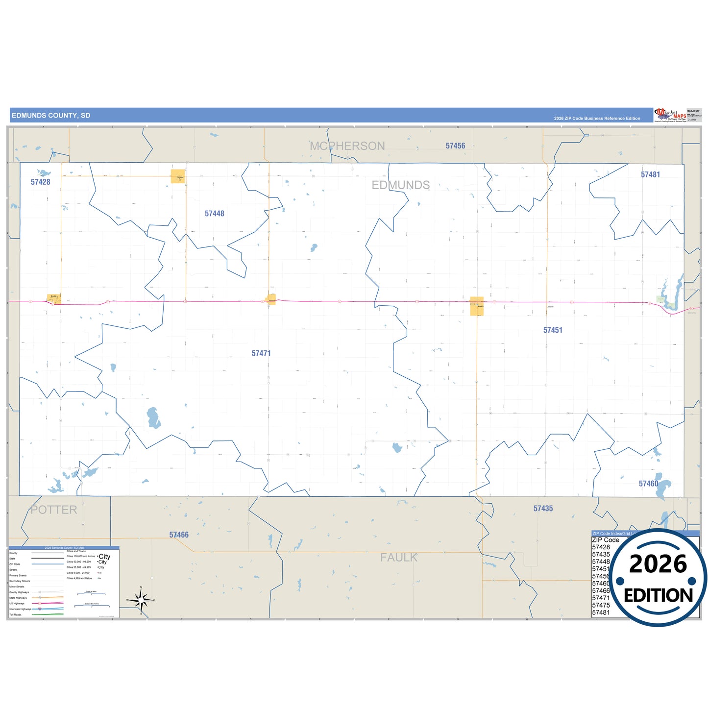 Edmunds County, SD Business Reference 5 Digit ZIP Code Wall Map