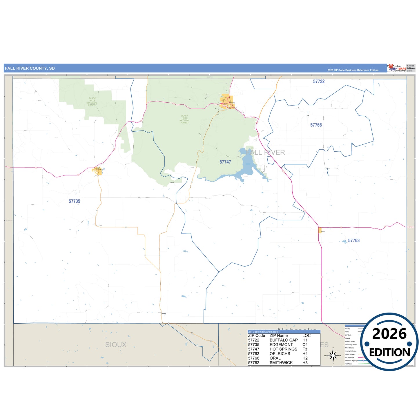 Fall River County, SD Business Reference 5 Digit ZIP Code Wall Map