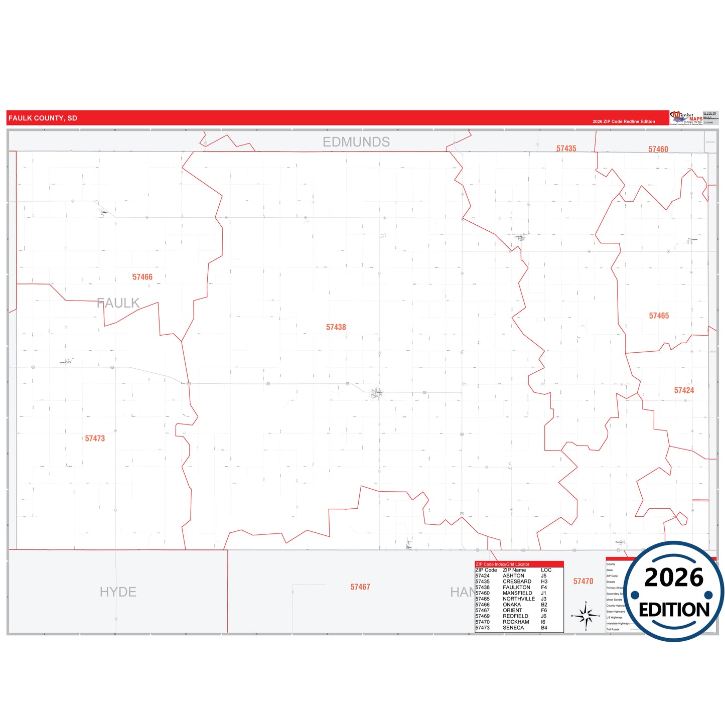 Faulk County, SD Red Line 5 Digit ZIP Code Wall Map