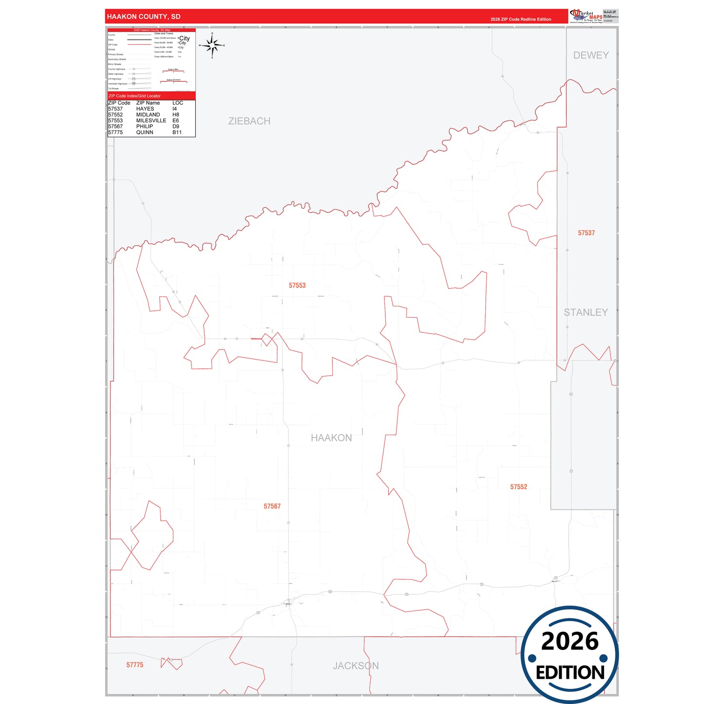 Haakon County, SD Red Line 5 Digit ZIP Code Wall Map