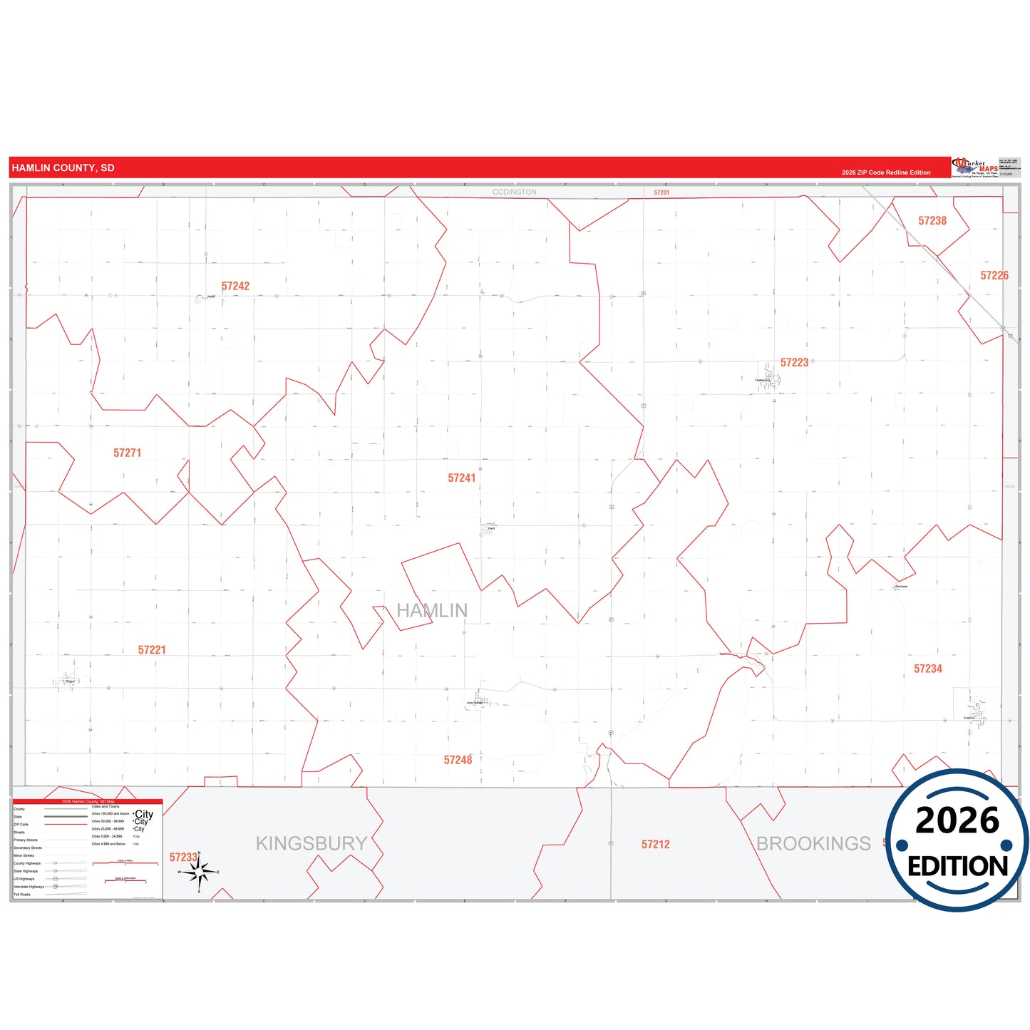 Hamlin County, SD Red Line 5 Digit ZIP Code Wall Map