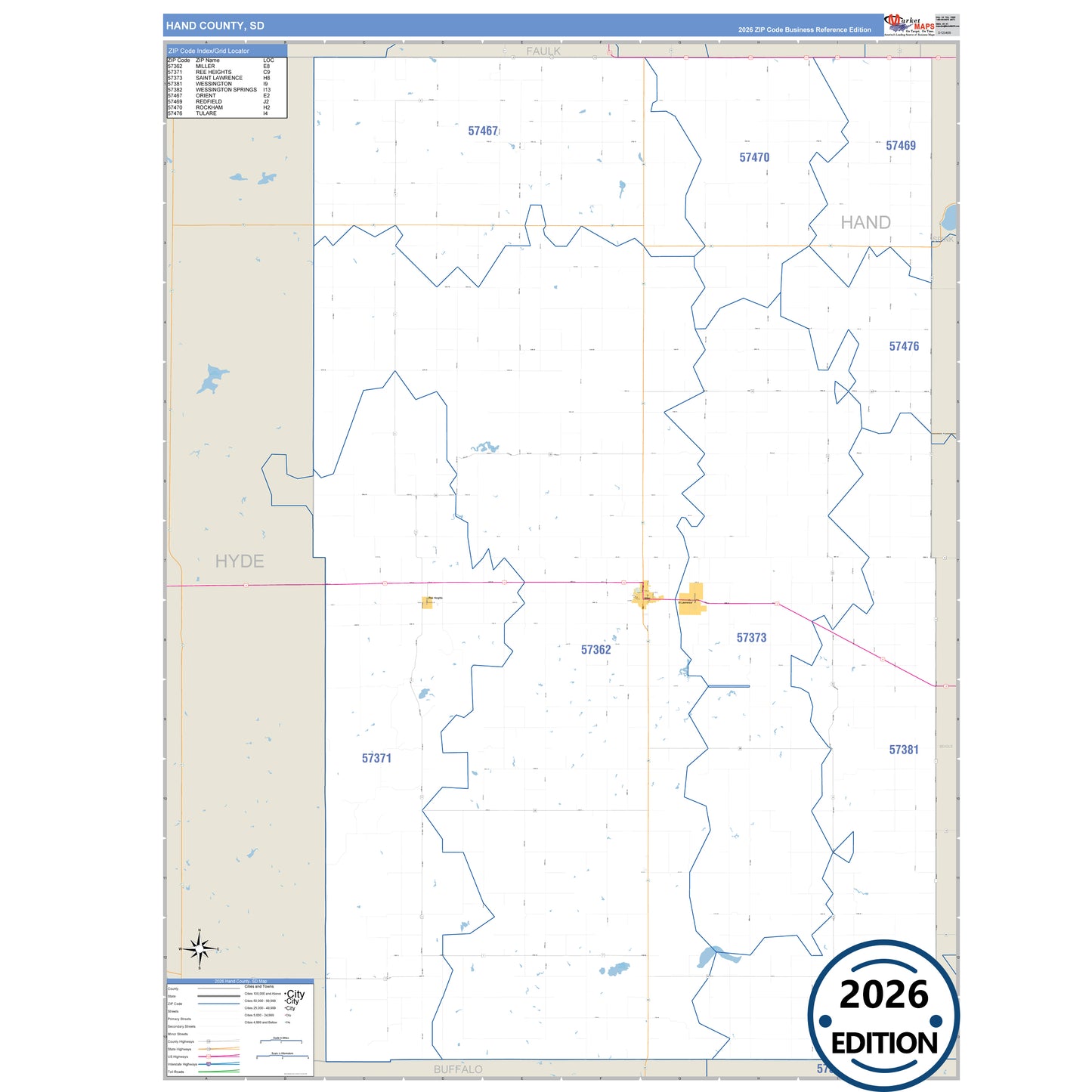 Hand County, SD Business Reference 5 Digit ZIP Code Wall Map