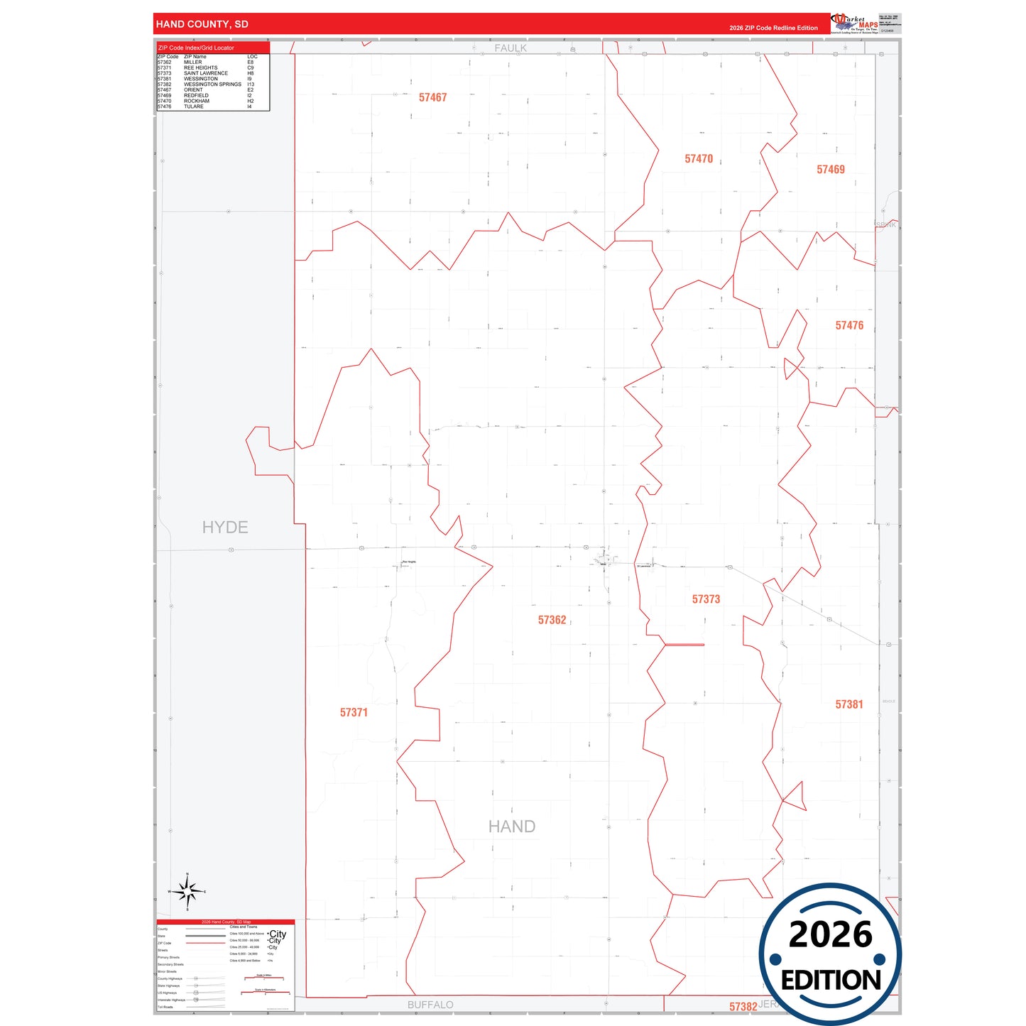 Hand County, SD Red Line 5 Digit ZIP Code Wall Map