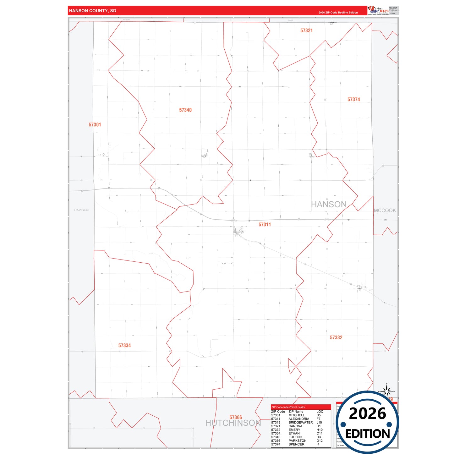 Hanson County, SD Red Line 5 Digit ZIP Code Wall Map
