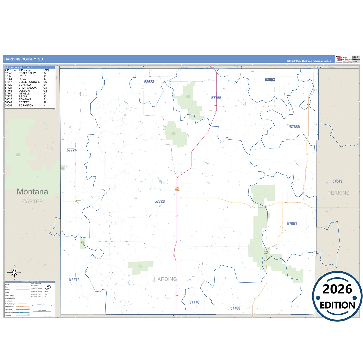 Harding County, SD Business Reference 5 Digit ZIP Code Wall Map