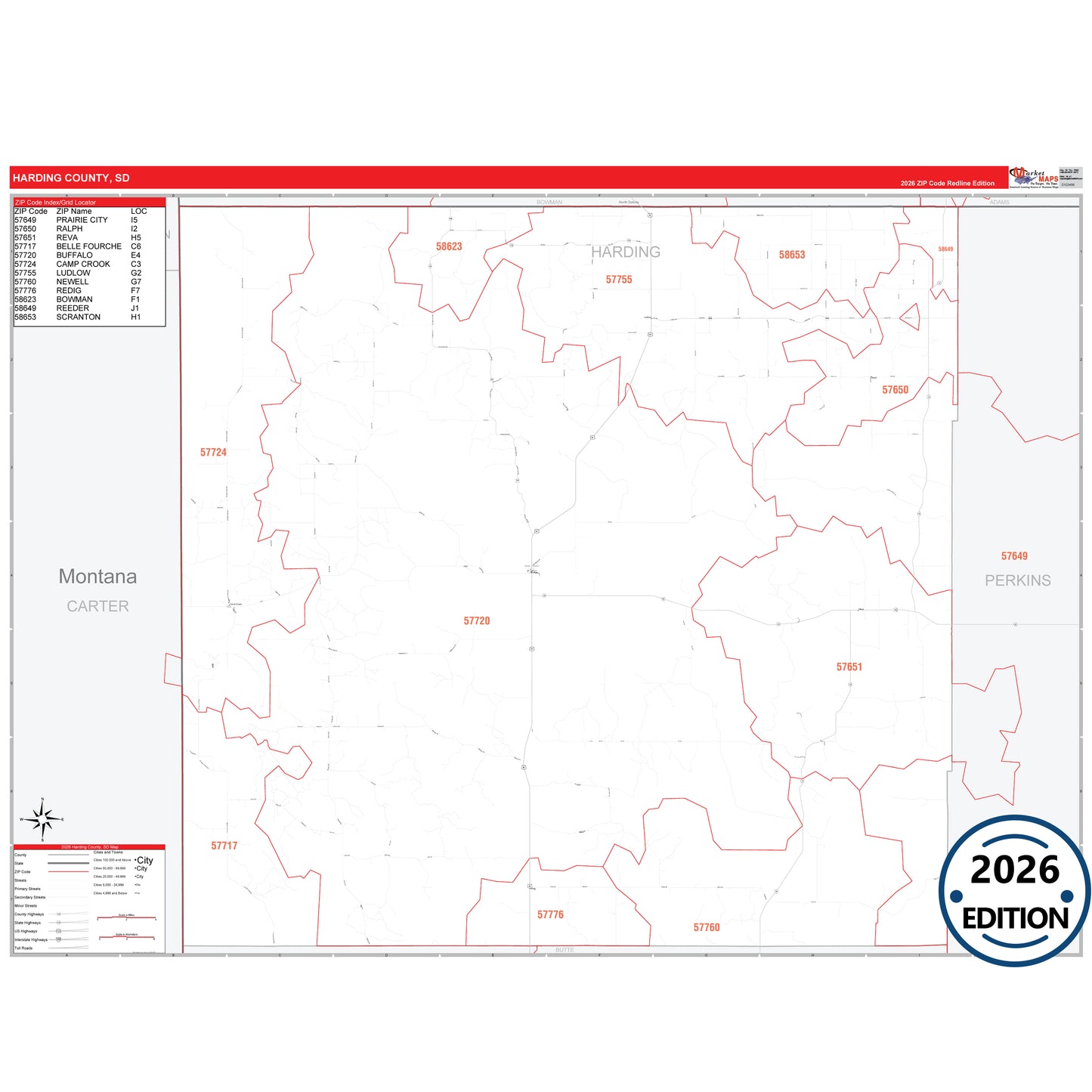 Harding County, SD Red Line 5 Digit ZIP Code Wall Map