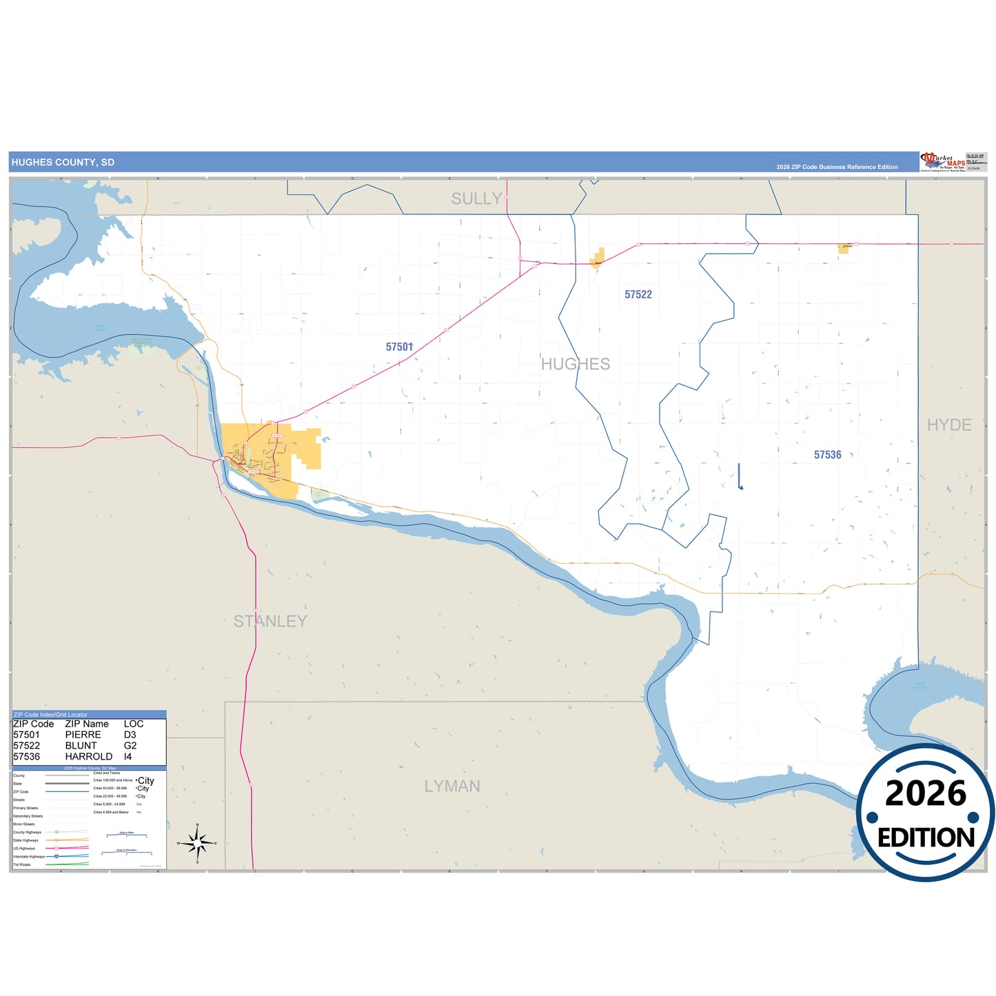 Hughes County, SD Business Reference 5 Digit ZIP Code Wall Map
