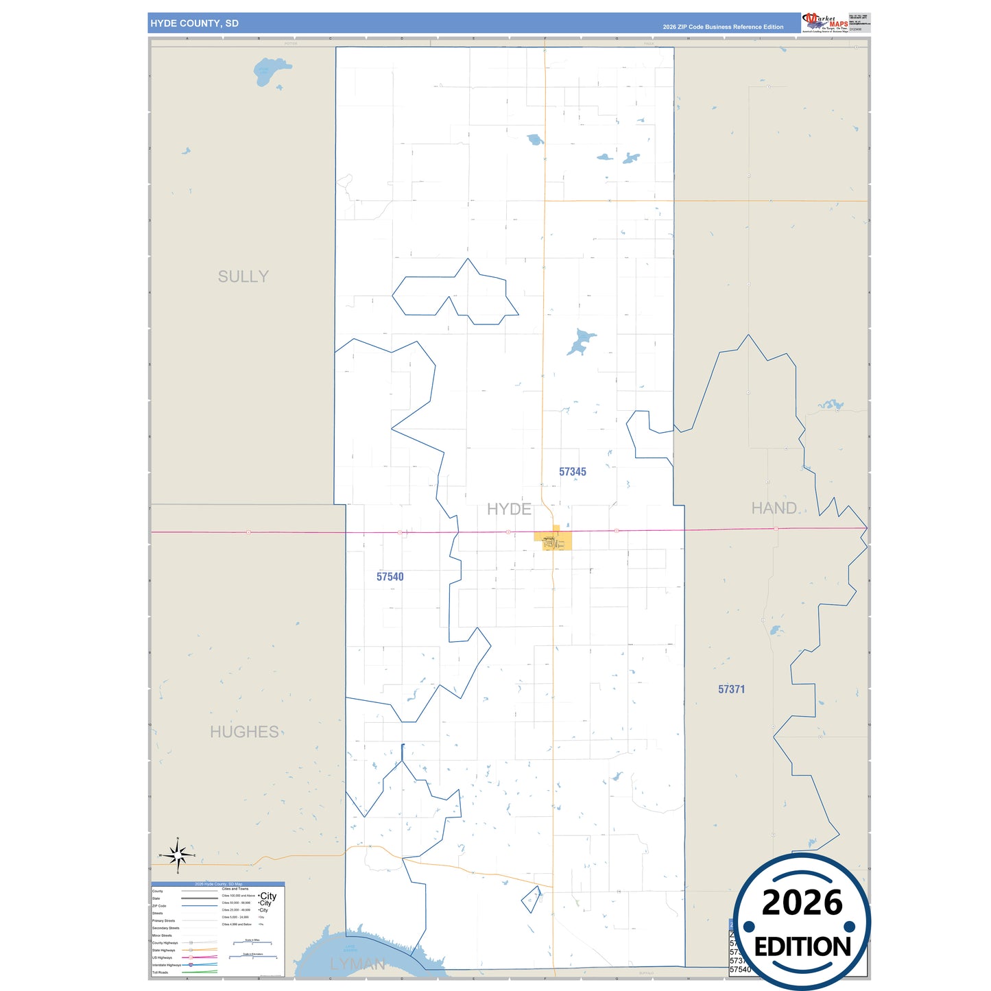 Hyde County, SD Business Reference 5 Digit ZIP Code Wall Map