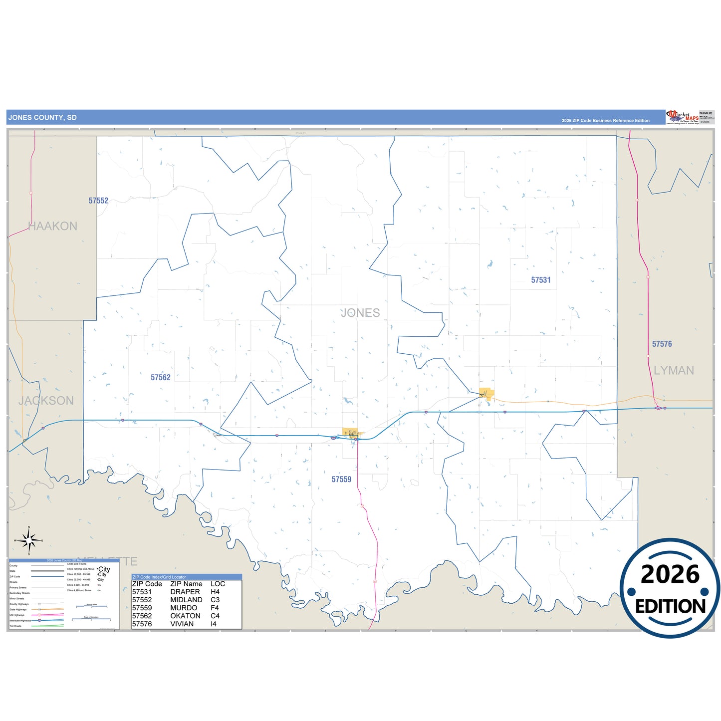 Jones County, SD Business Reference 5 Digit ZIP Code Wall Map