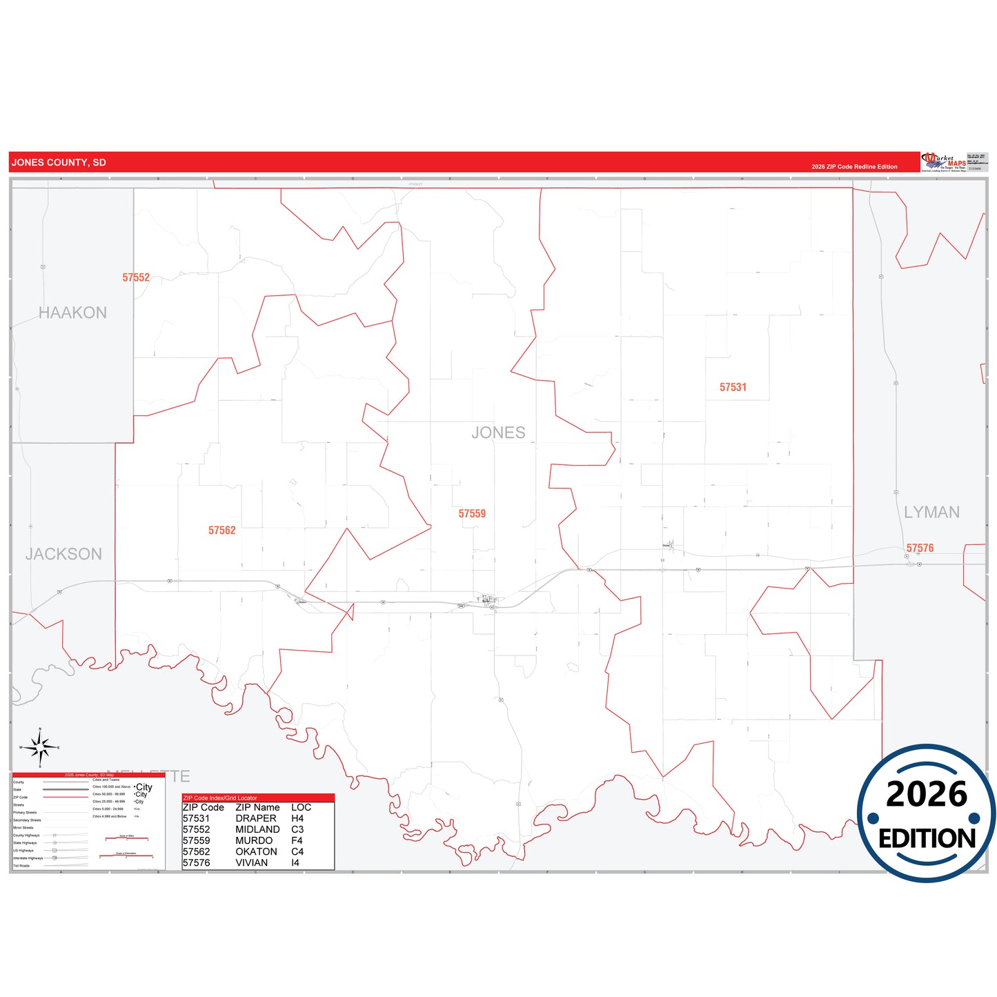 Jones County, SD Red Line 5 Digit ZIP Code Wall Map