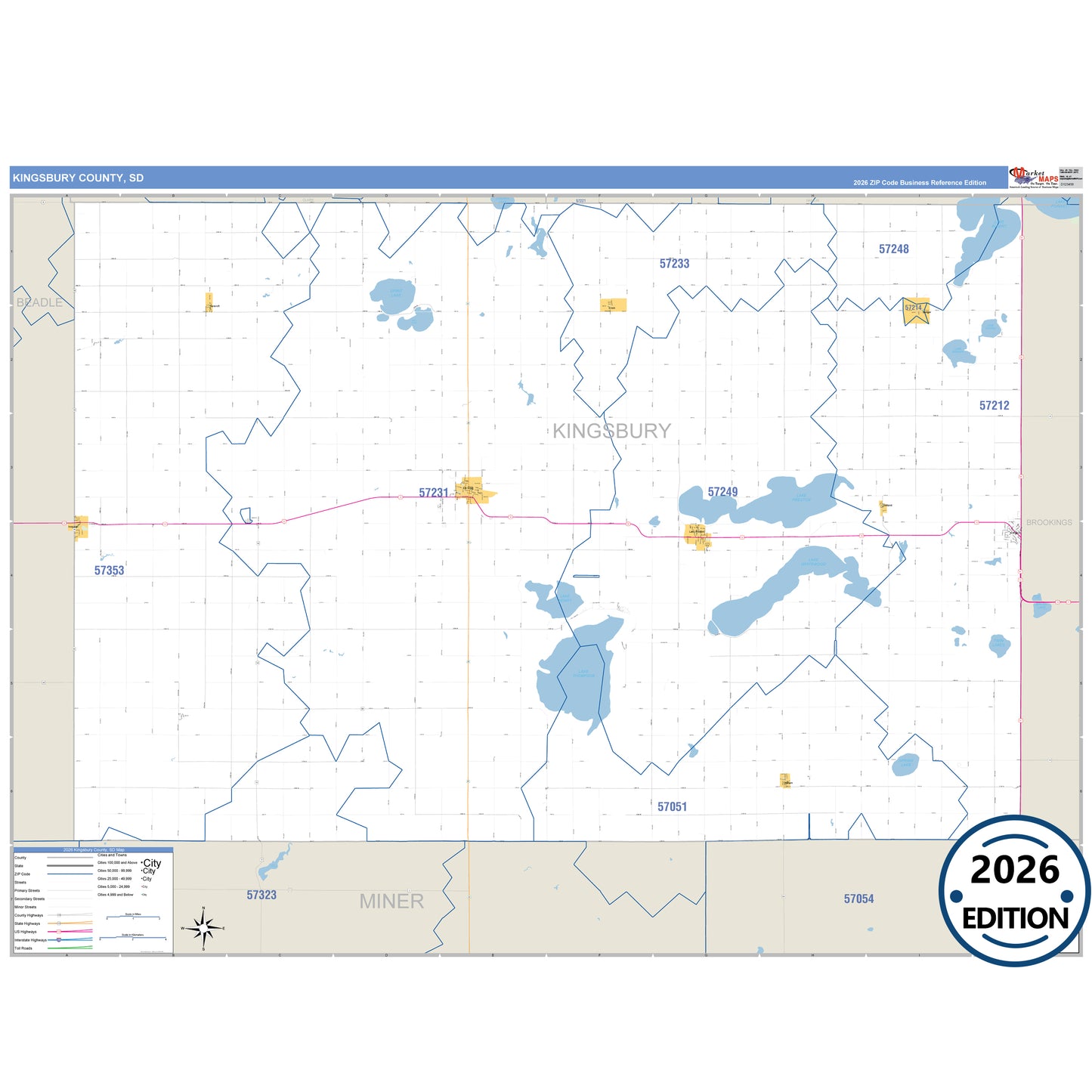 Kingsbury County, SD Business Reference 5 Digit ZIP Code Wall Map