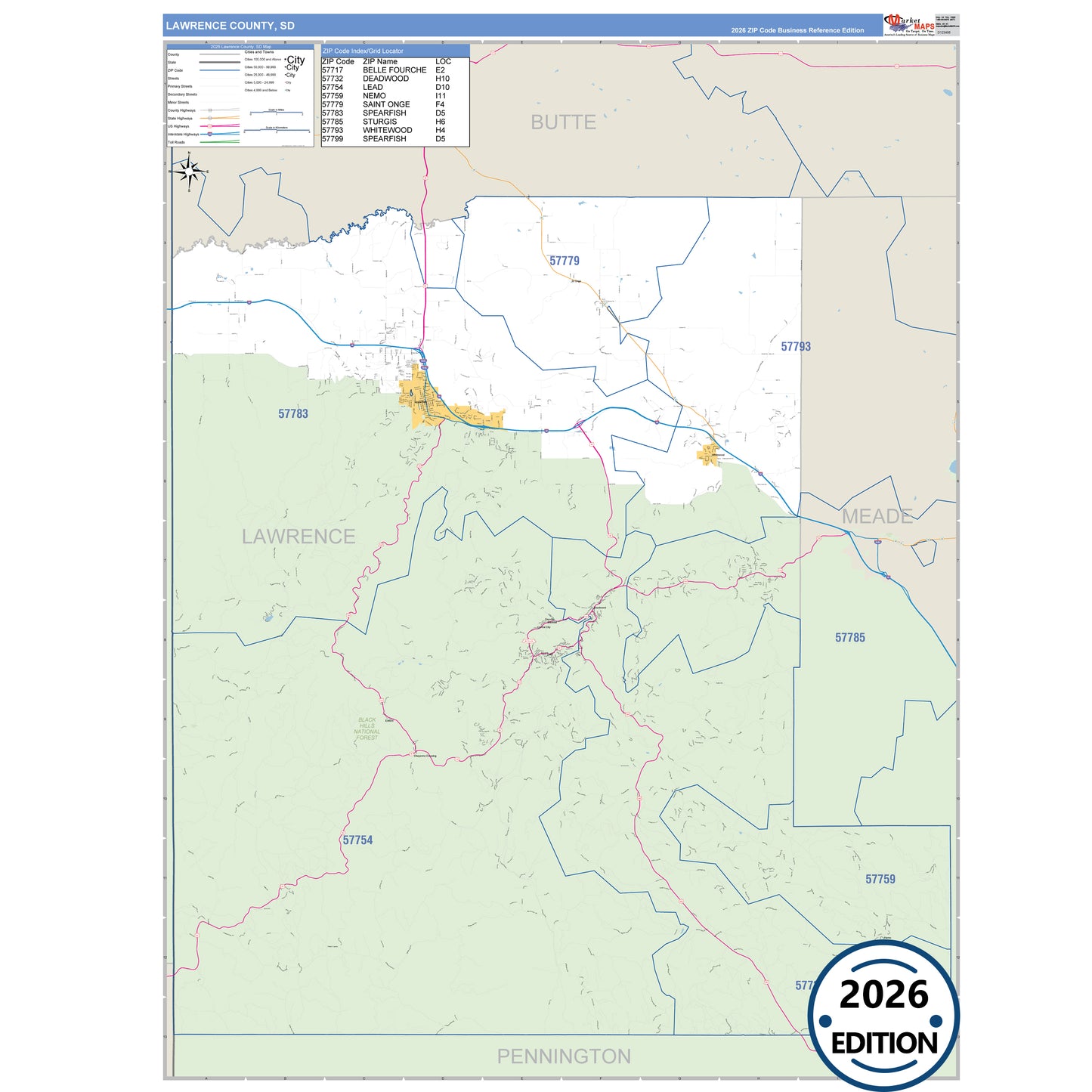 Lawrence County, SD Business Reference 5 Digit ZIP Code Wall Map