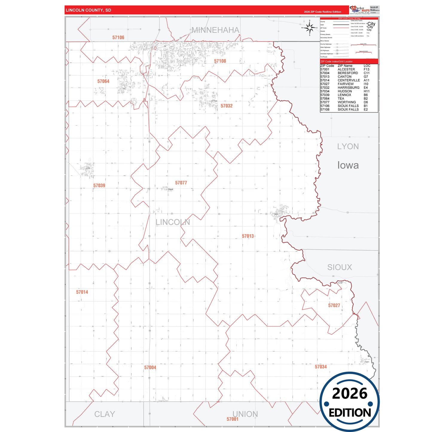 Lincoln County, SD Red Line 5 Digit ZIP Code Wall Map