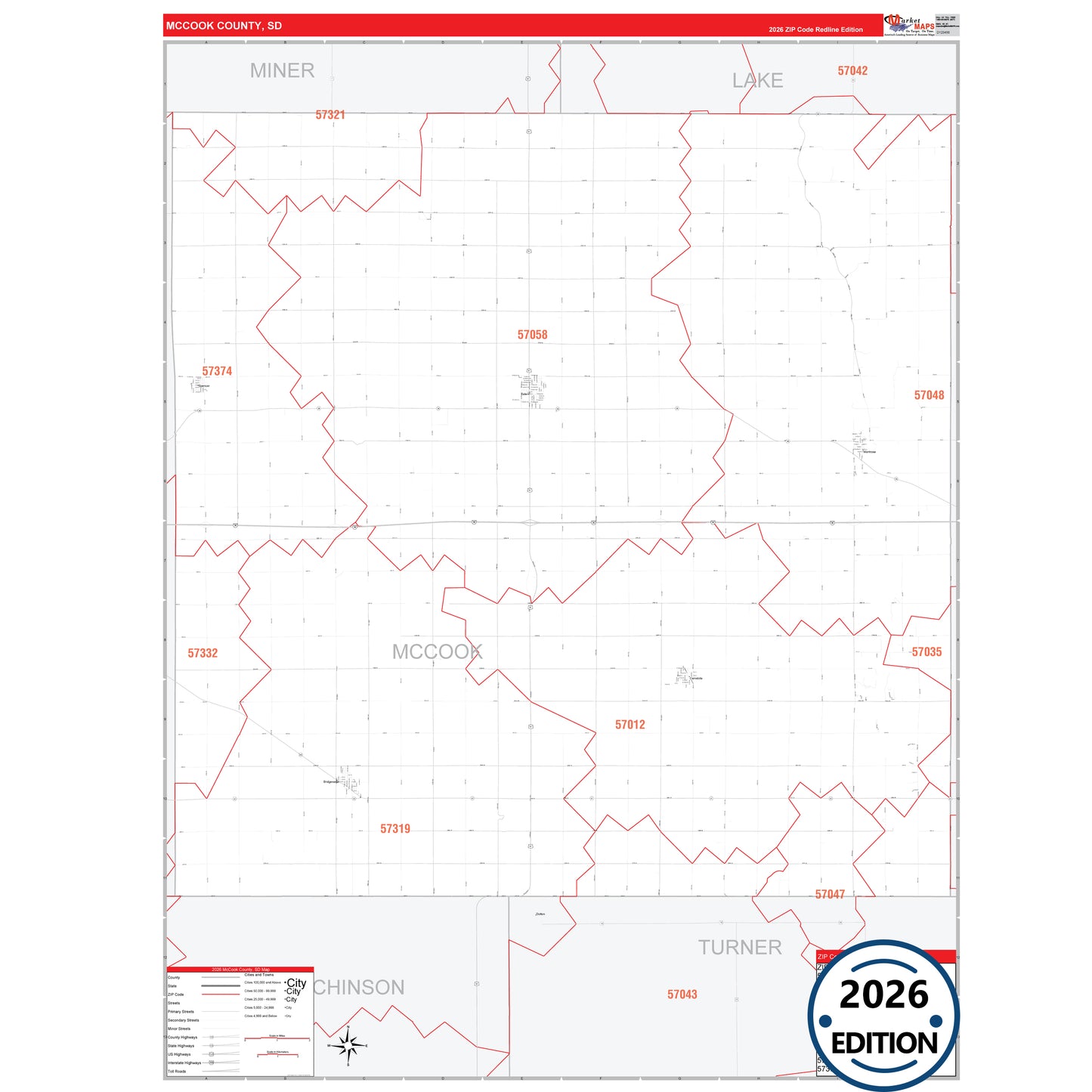 McCook County, SD Red Line 5 Digit ZIP Code Wall Map