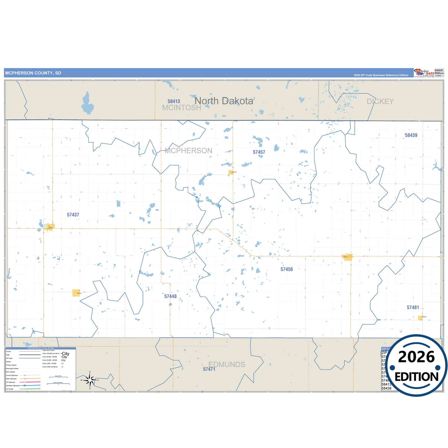 McPherson County, SD Business Reference 5 Digit ZIP Code Wall Map