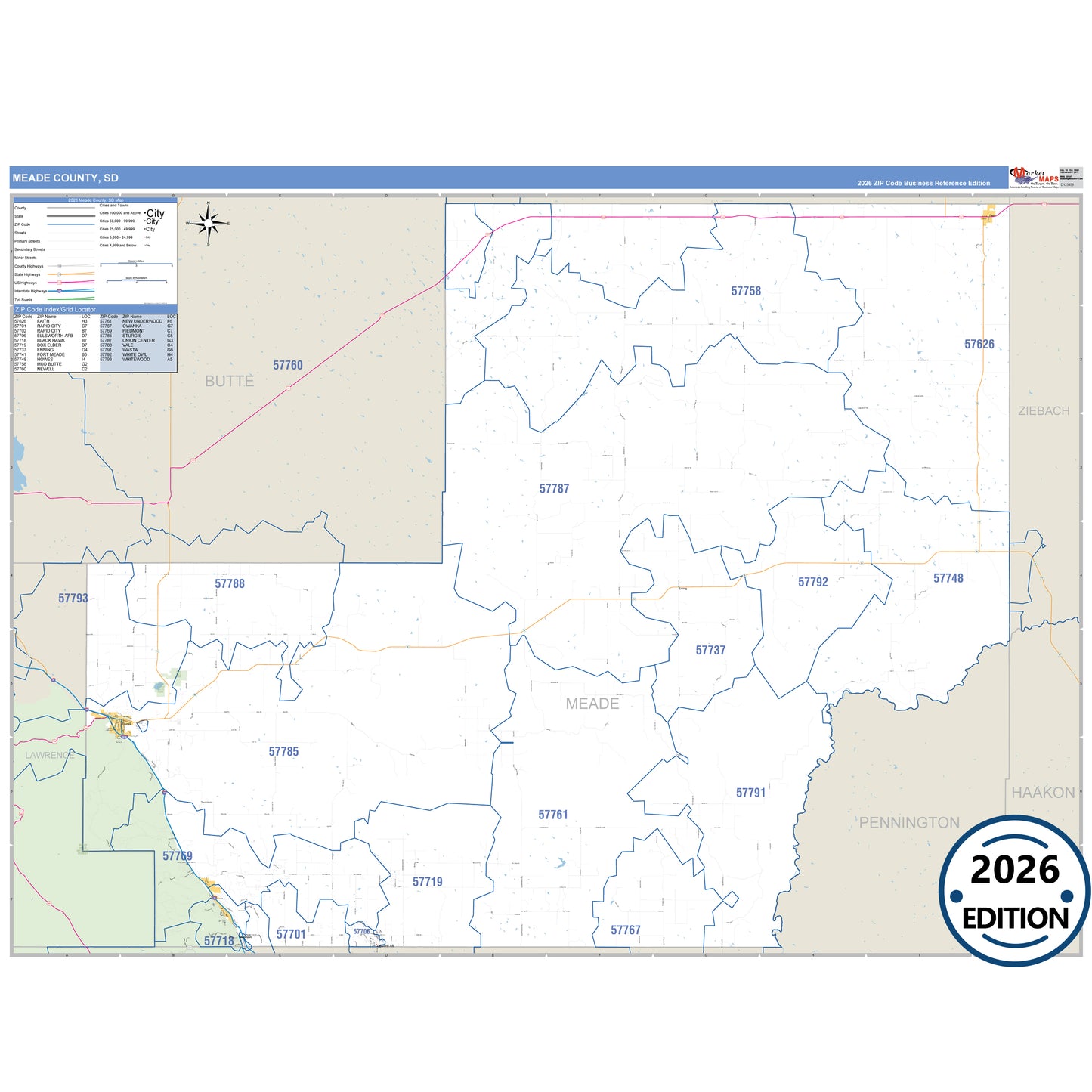Meade County, SD Business Reference 5 Digit ZIP Code Wall Map