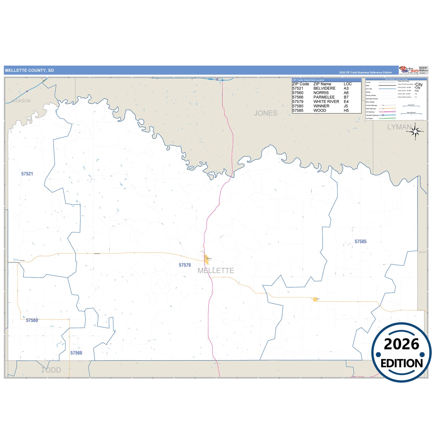Mellette County, SD Business Reference 5 Digit ZIP Code Wall Map
