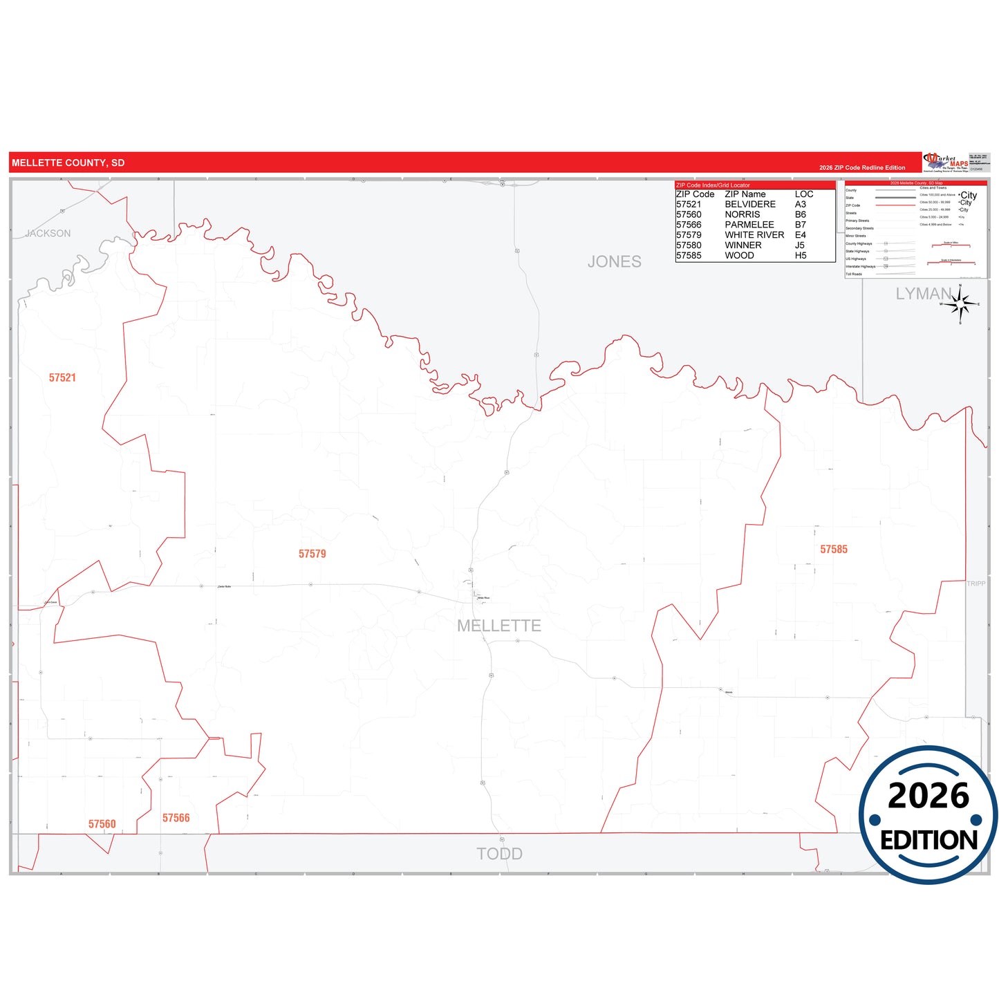 Mellette County, SD Red Line 5 Digit ZIP Code Wall Map