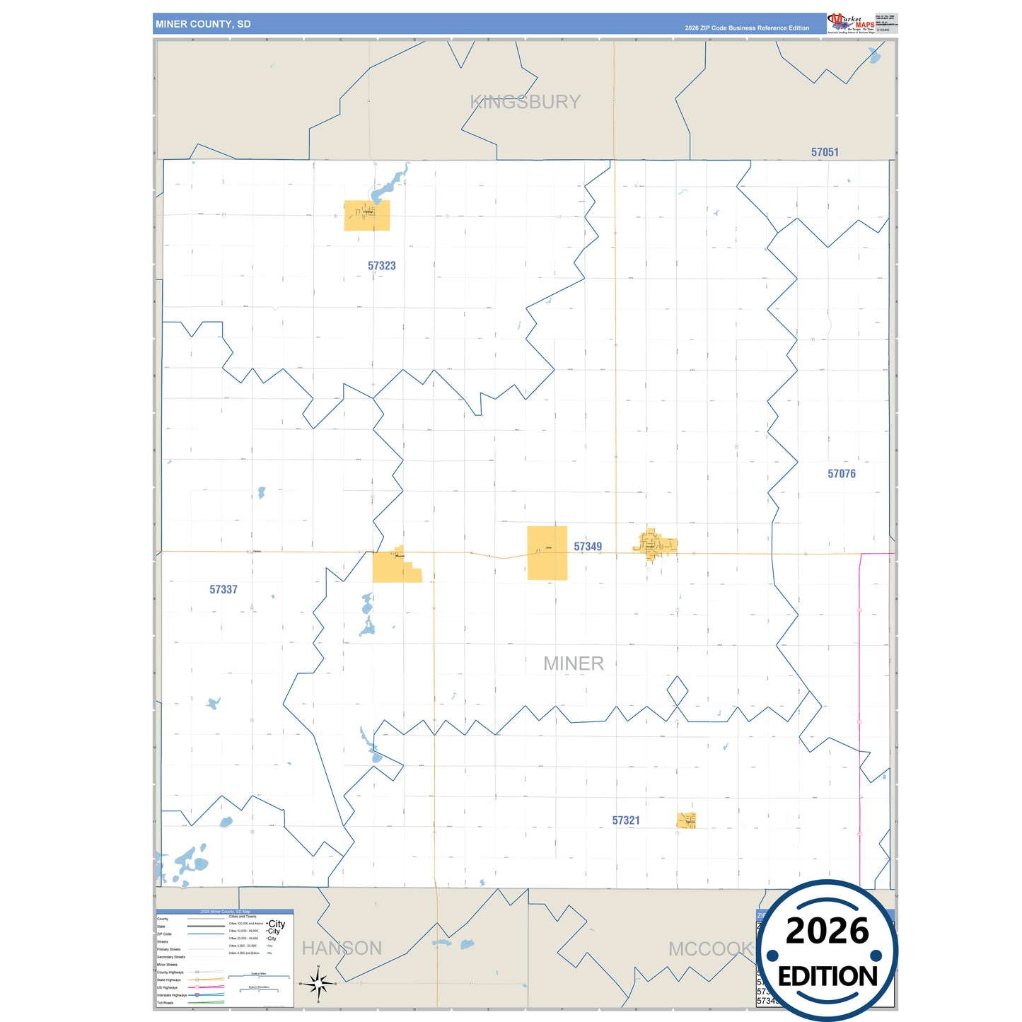 Miner County, SD Business Reference 5 Digit ZIP Code Wall Map