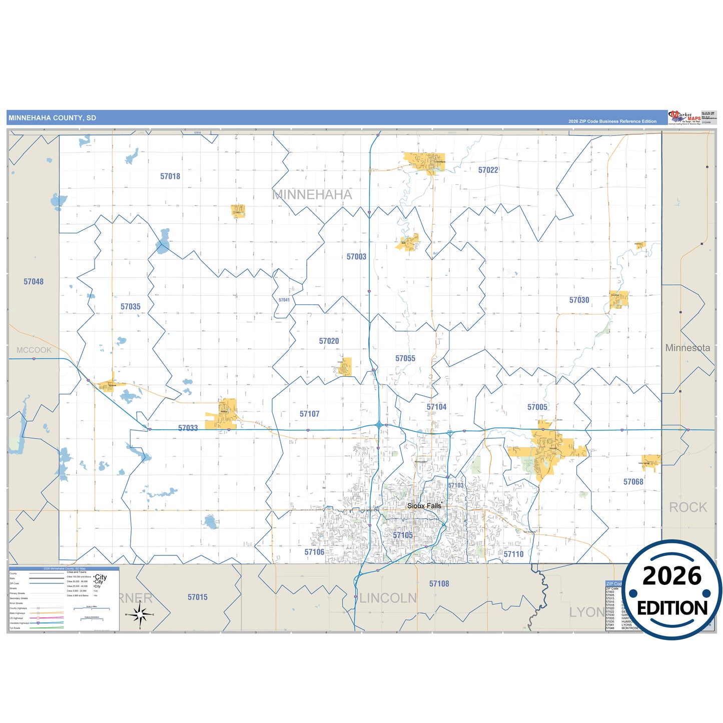 Minnehaha County, SD Business Reference 5 Digit ZIP Code Wall Map
