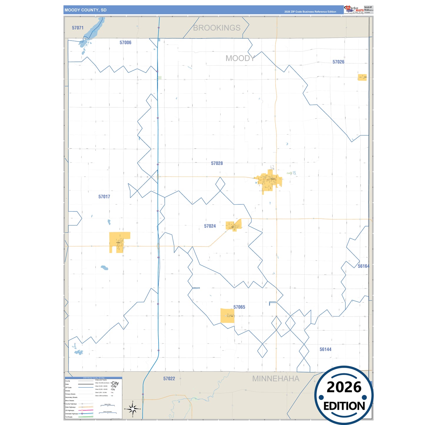 Moody County, SD Business Reference 5 Digit ZIP Code Wall Map