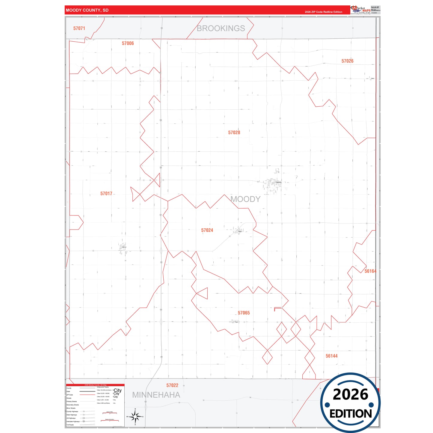 Moody County, SD Red Line 5 Digit ZIP Code Wall Map