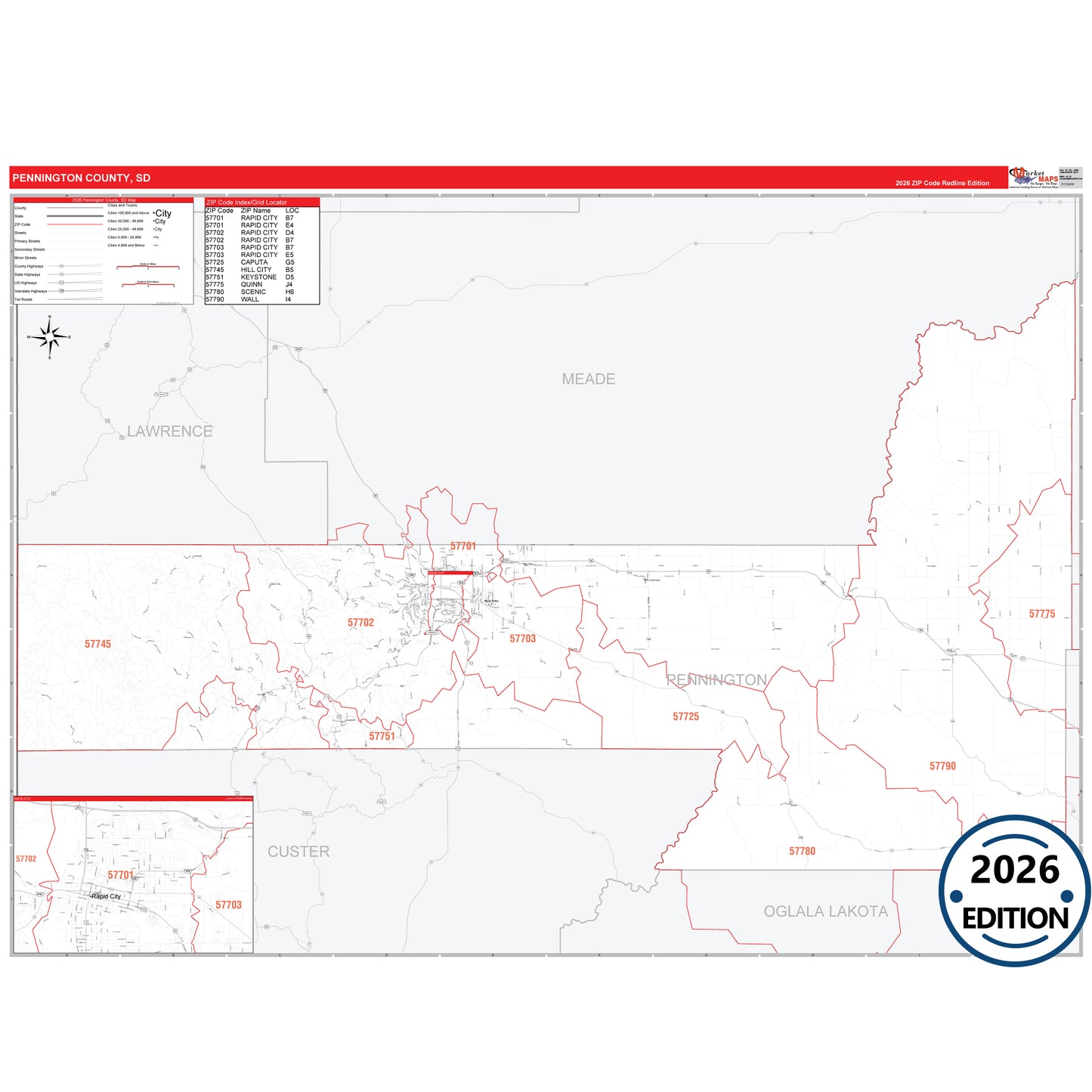 Pennington County, SD Red Line 5 Digit ZIP Code Wall Map