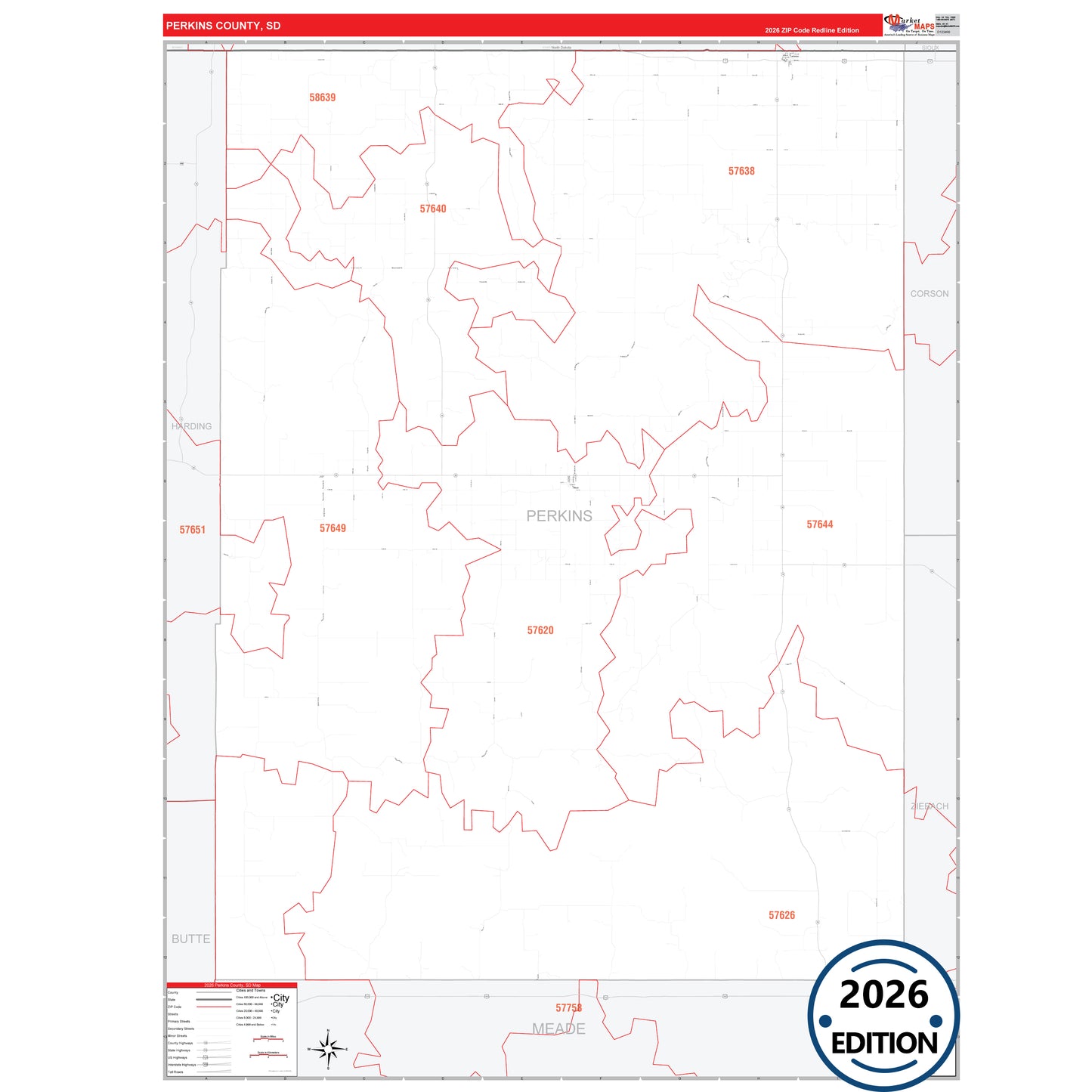 Perkins County, SD Red Line 5 Digit ZIP Code Wall Map