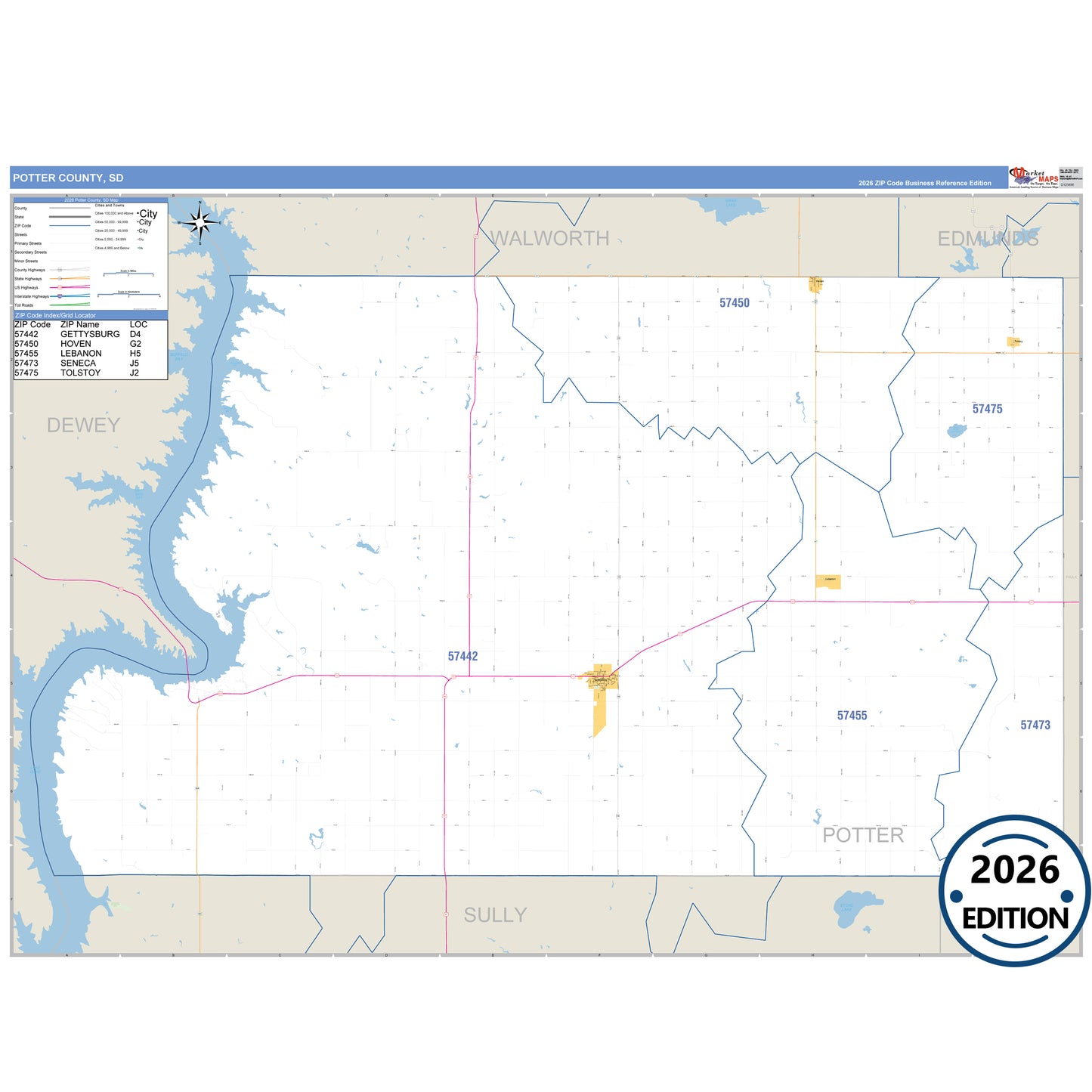 Potter County, SD Business Reference 5 Digit ZIP Code Wall Map