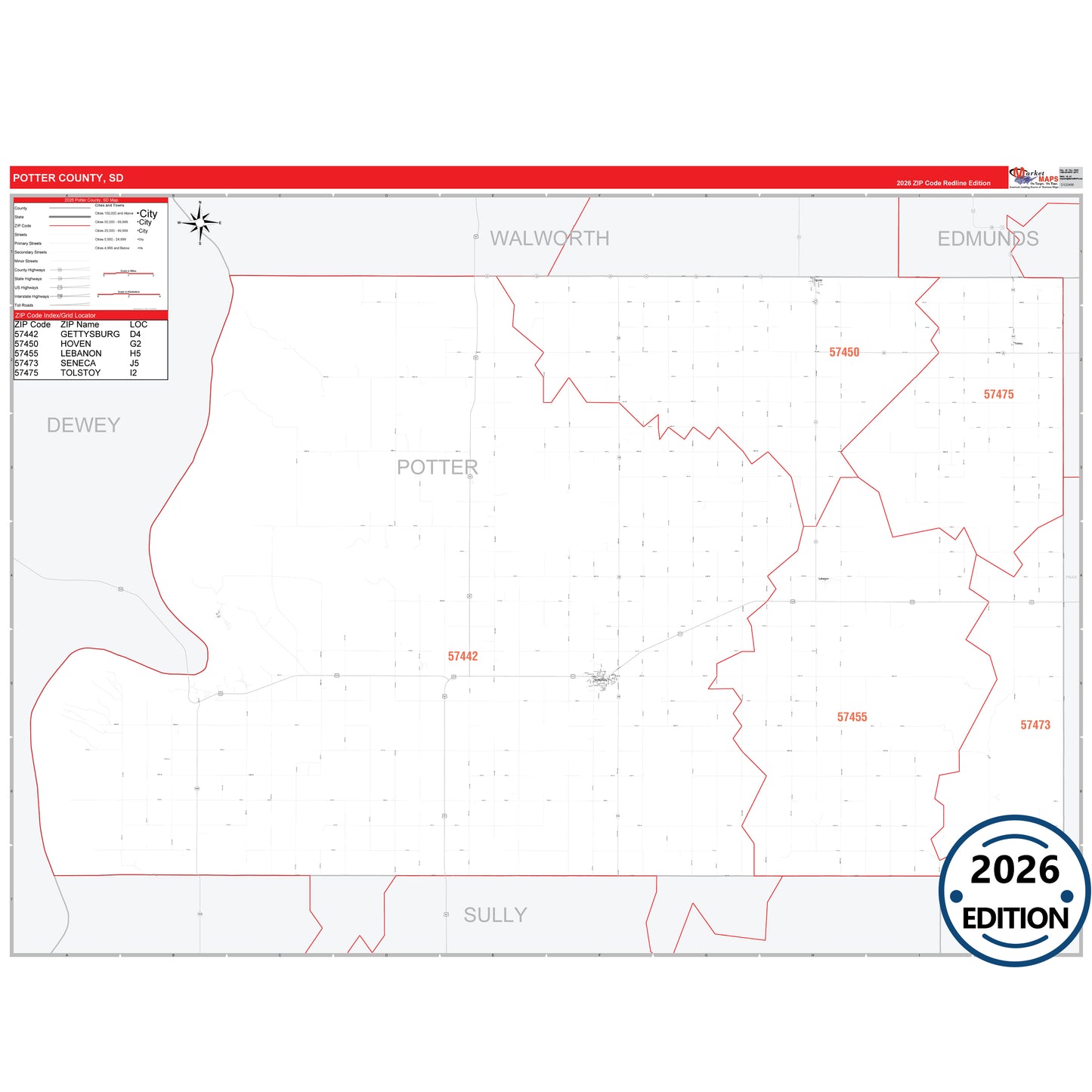Potter County, SD Red Line 5 Digit ZIP Code Wall Map