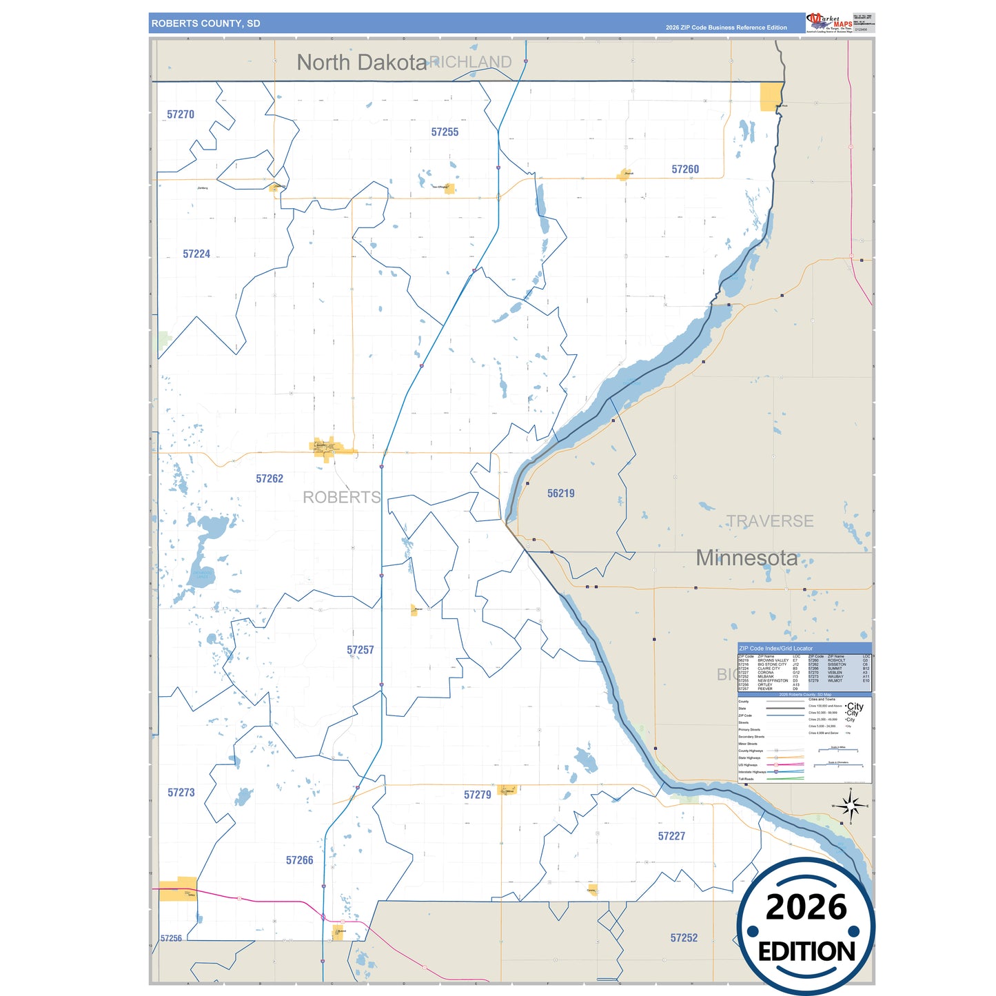 Roberts County, SD Business Reference 5 Digit ZIP Code Wall Map
