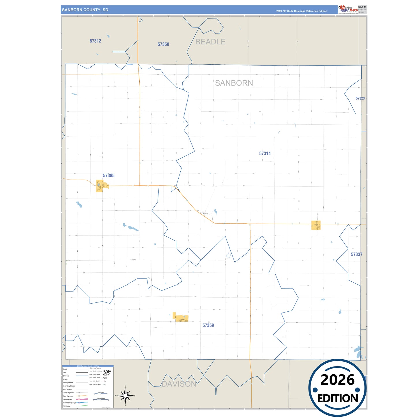 Sanborn County, SD Business Reference 5 Digit ZIP Code Wall Map