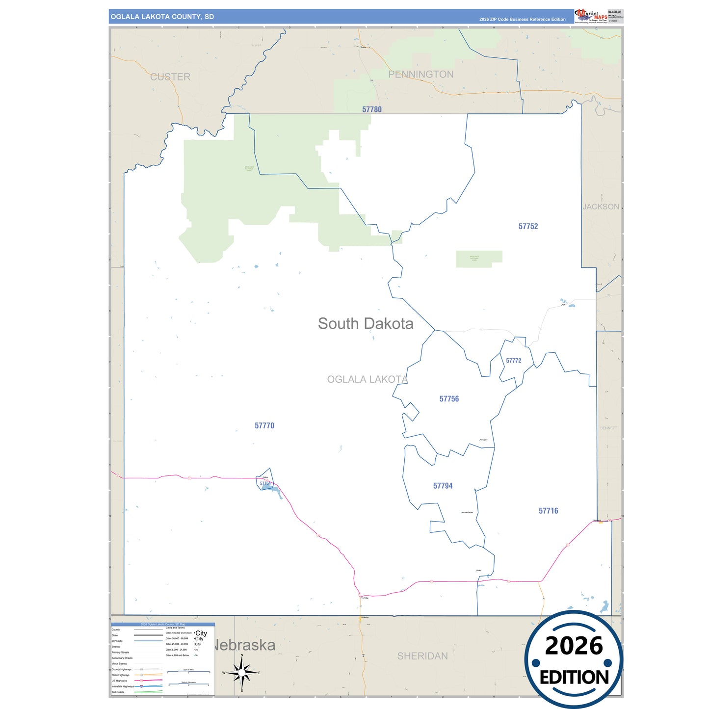 Shannon County, SD Business Reference 5 Digit ZIP Code Wall Map