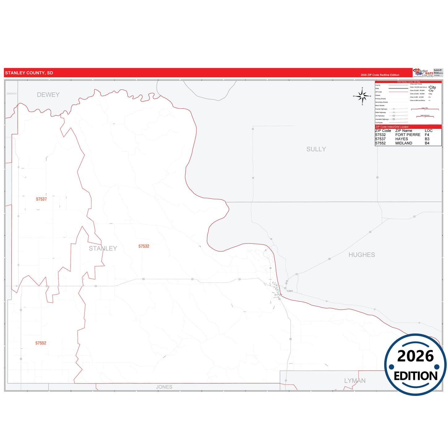 Stanley County, SD Red Line 5 Digit ZIP Code Wall Map