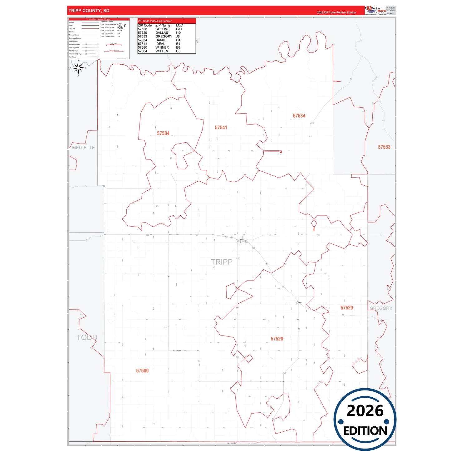 Tripp County, SD Red Line 5 Digit ZIP Code Wall Map