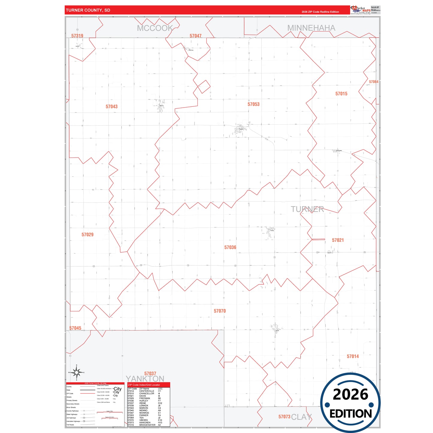Turner County, SD Red Line 5 Digit ZIP Code Wall Map