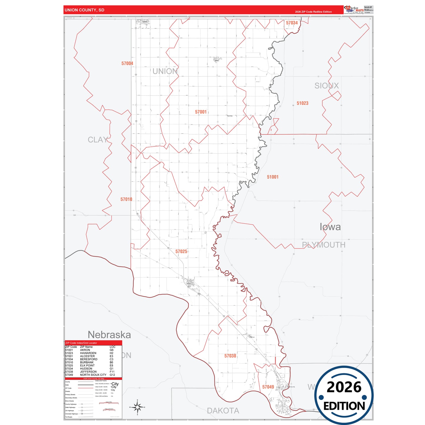 Union County, SD Red Line 5 Digit ZIP Code Wall Map