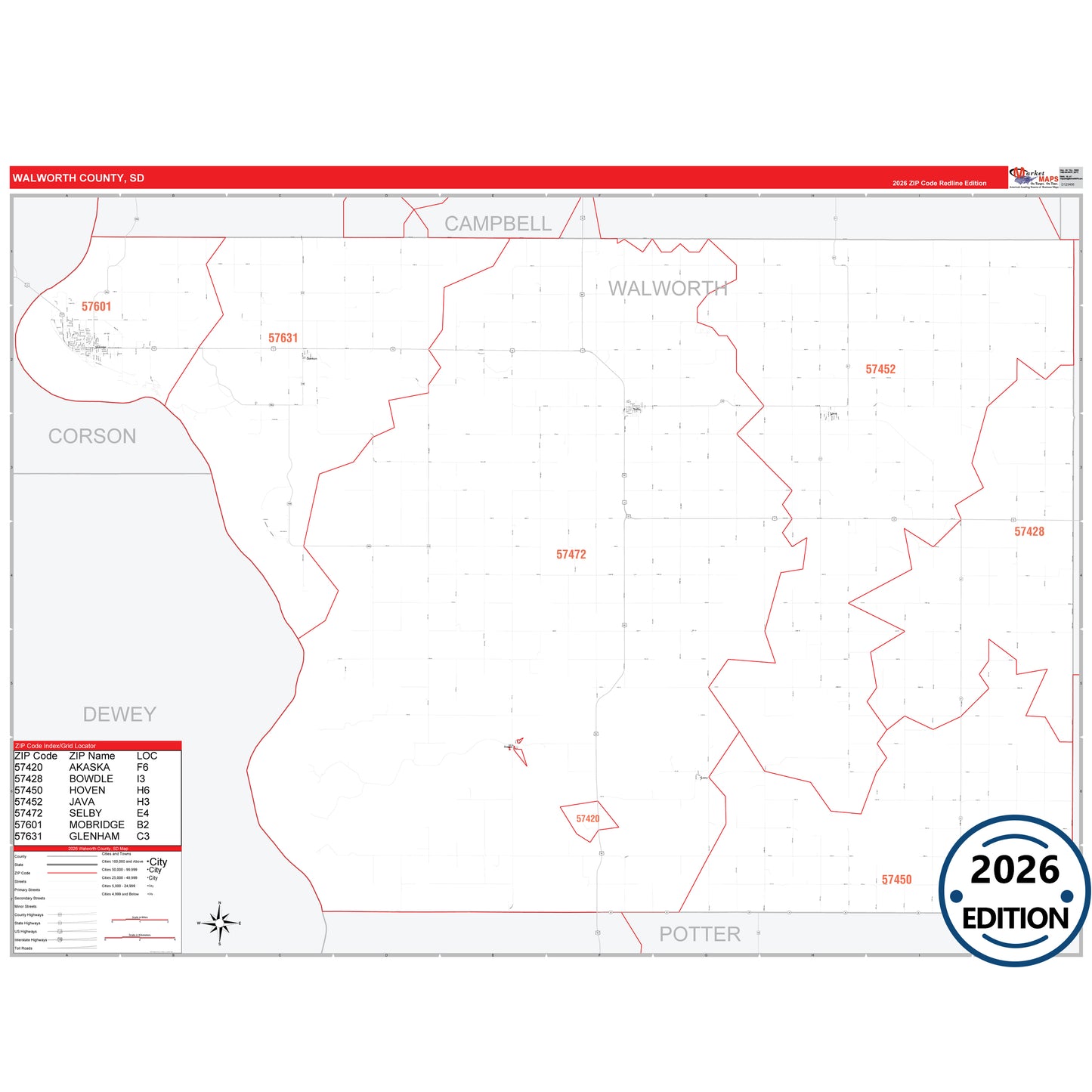 Walworth County, SD Red Line 5 Digit ZIP Code Wall Map