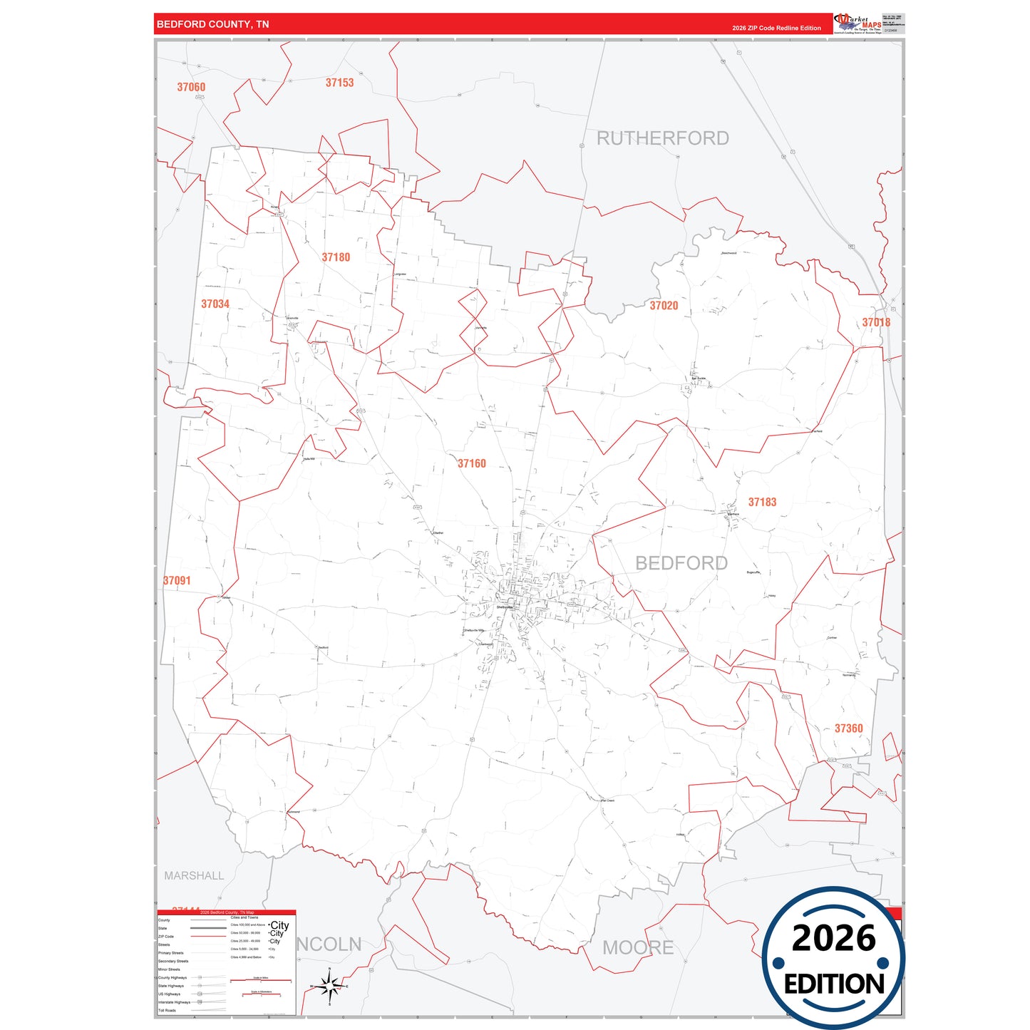 Bedford County, TN Red Line 5 Digit ZIP Code Wall Map