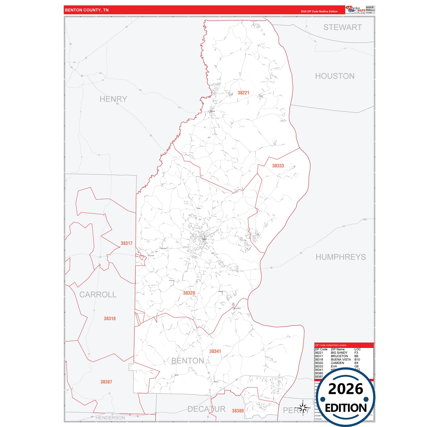 Benton County, TN Red Line 5 Digit ZIP Code Wall Map