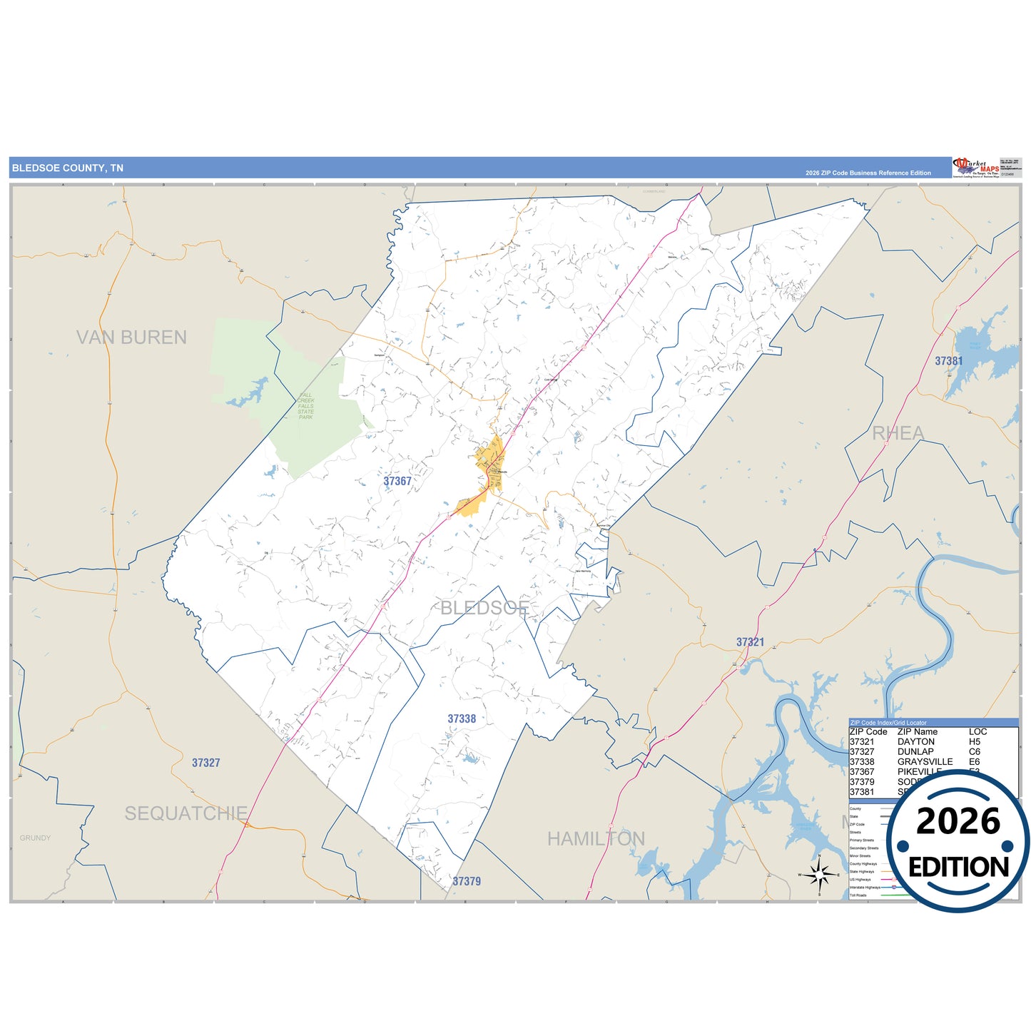 Bledsoe County, TN Business Reference 5 Digit ZIP Code Wall Map