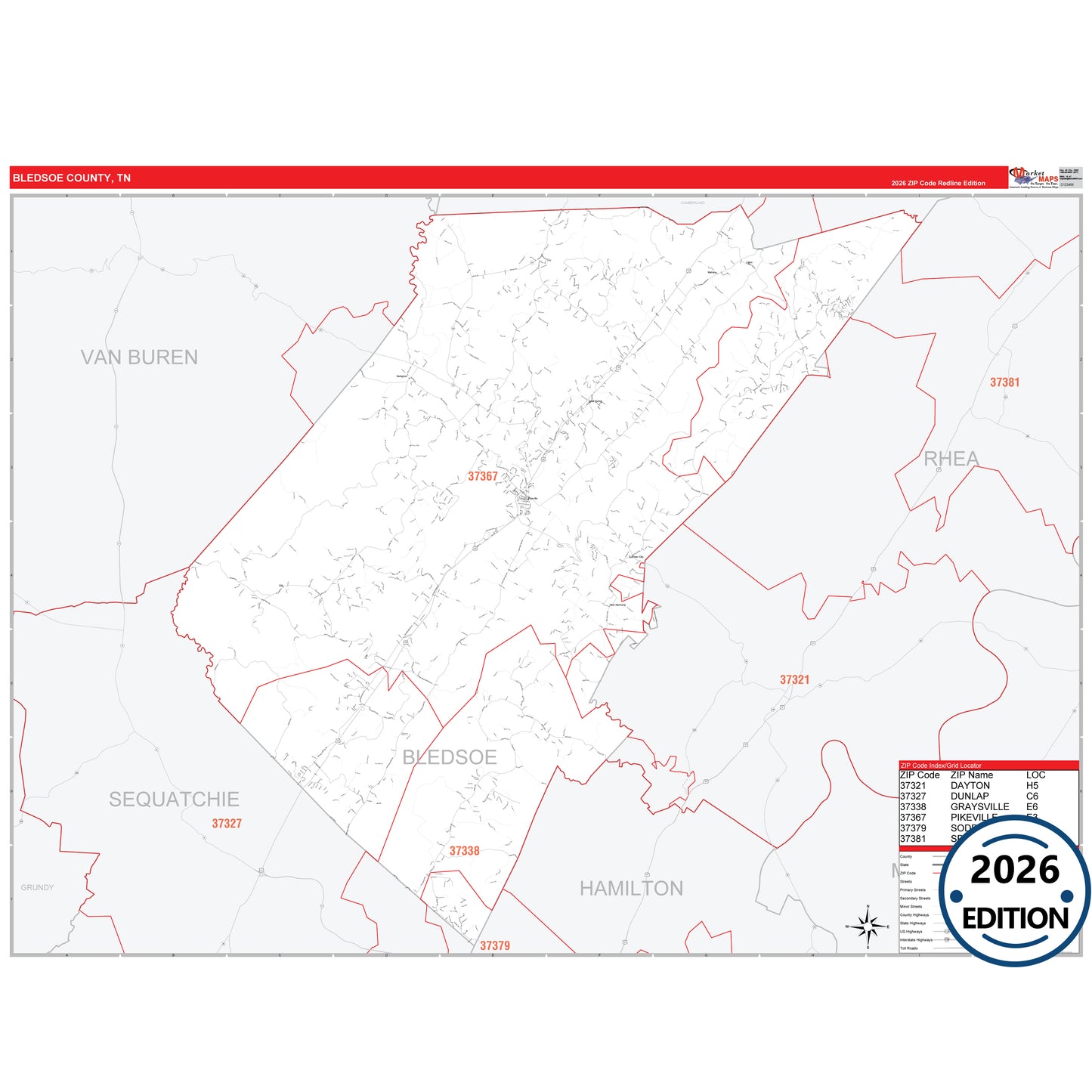 Bledsoe County, TN Red Line 5 Digit ZIP Code Wall Map