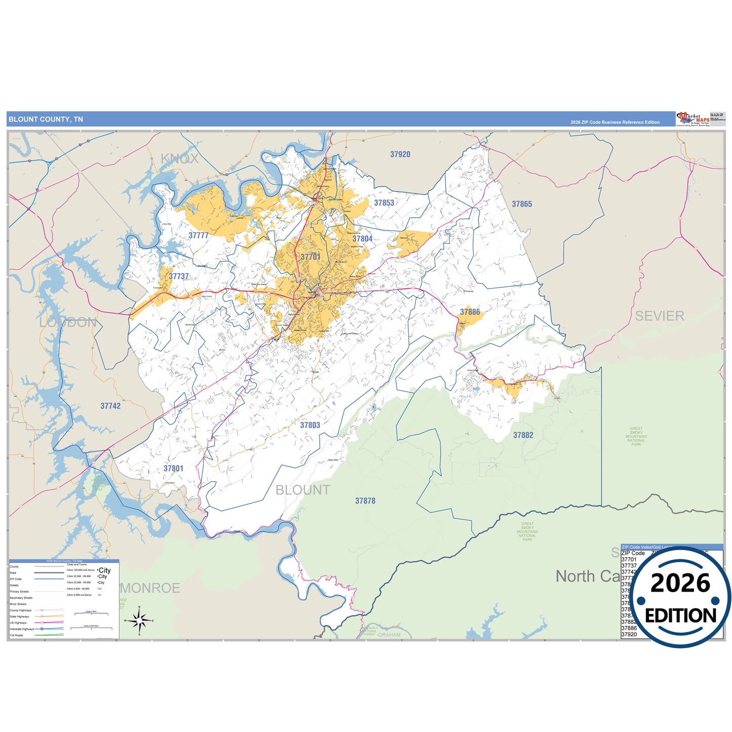 Blount County, TN Business Reference 5 Digit ZIP Code Wall Map
