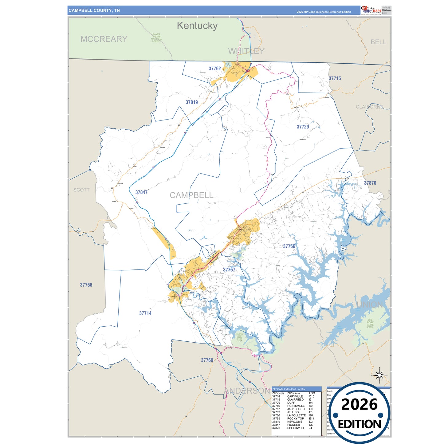 Campbell County, TN Business Reference 5 Digit ZIP Code Wall Map