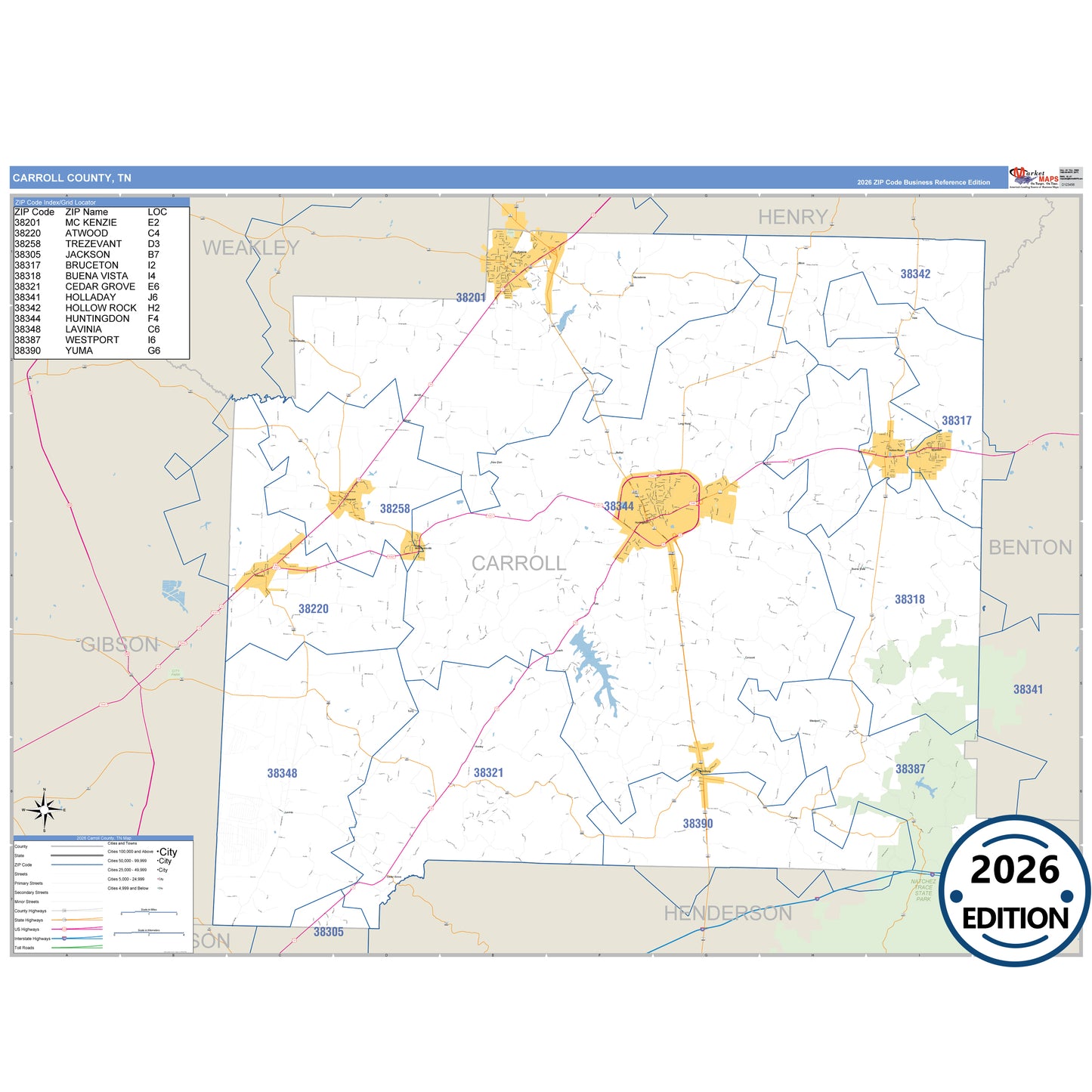 Carroll County, TN Business Reference 5 Digit ZIP Code Wall Map