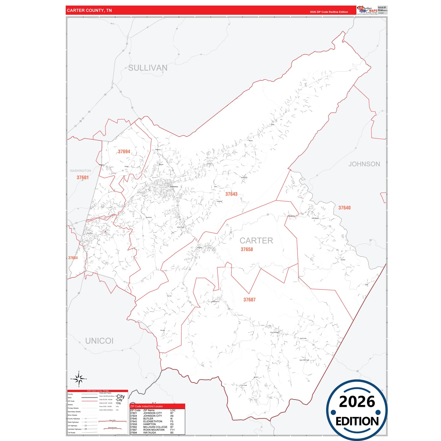 Carter County, TN Red Line 5 Digit ZIP Code Wall Map