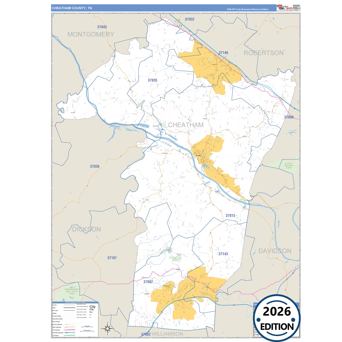 Cheatham County, TN Business Reference 5 Digit ZIP Code Wall Map