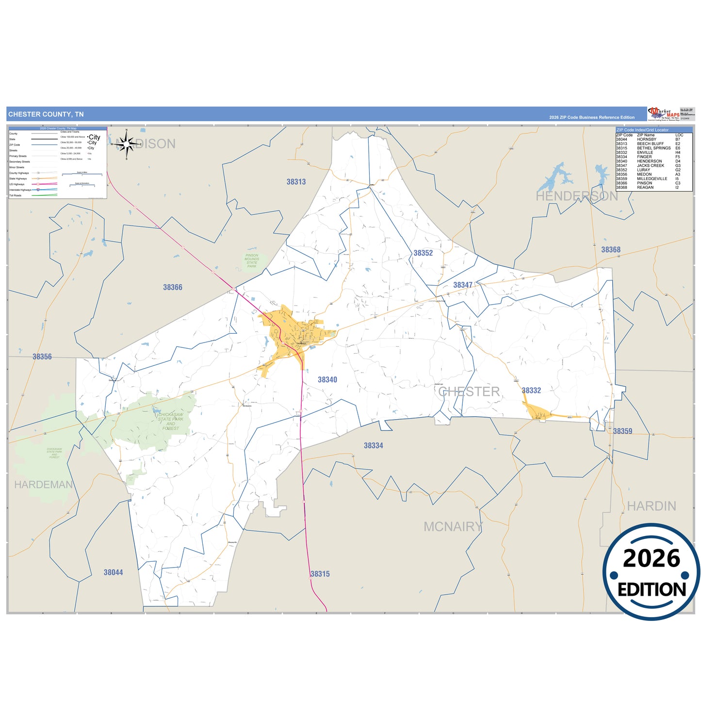 Chester County, TN Business Reference 5 Digit ZIP Code Wall Map