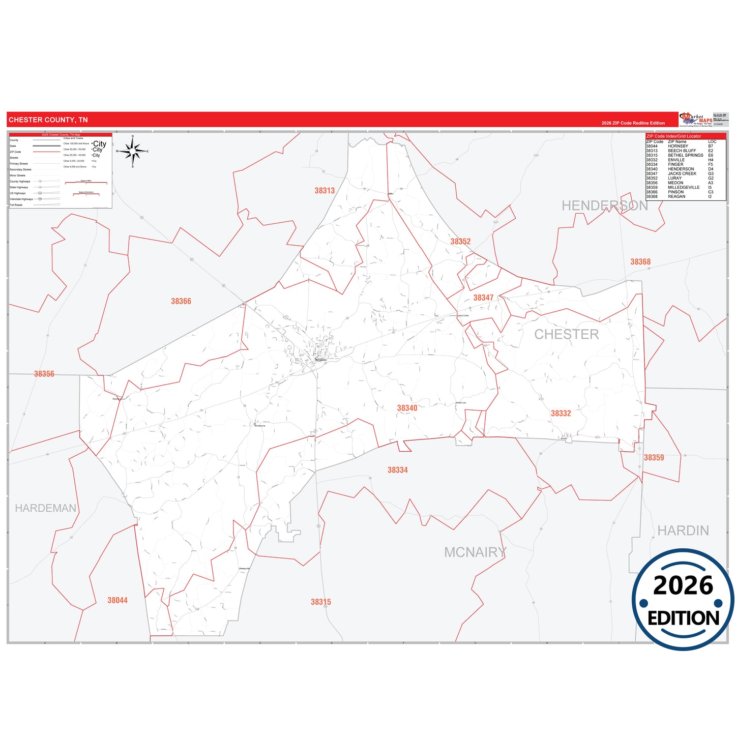 Chester County, TN Red Line 5 Digit ZIP Code Wall Map